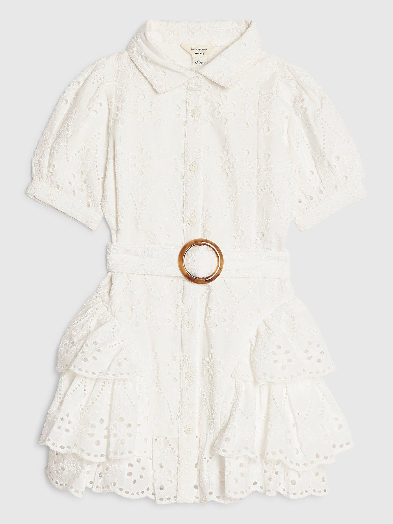 River Island Mini Girls Broderie Belted Shirt Dress - White