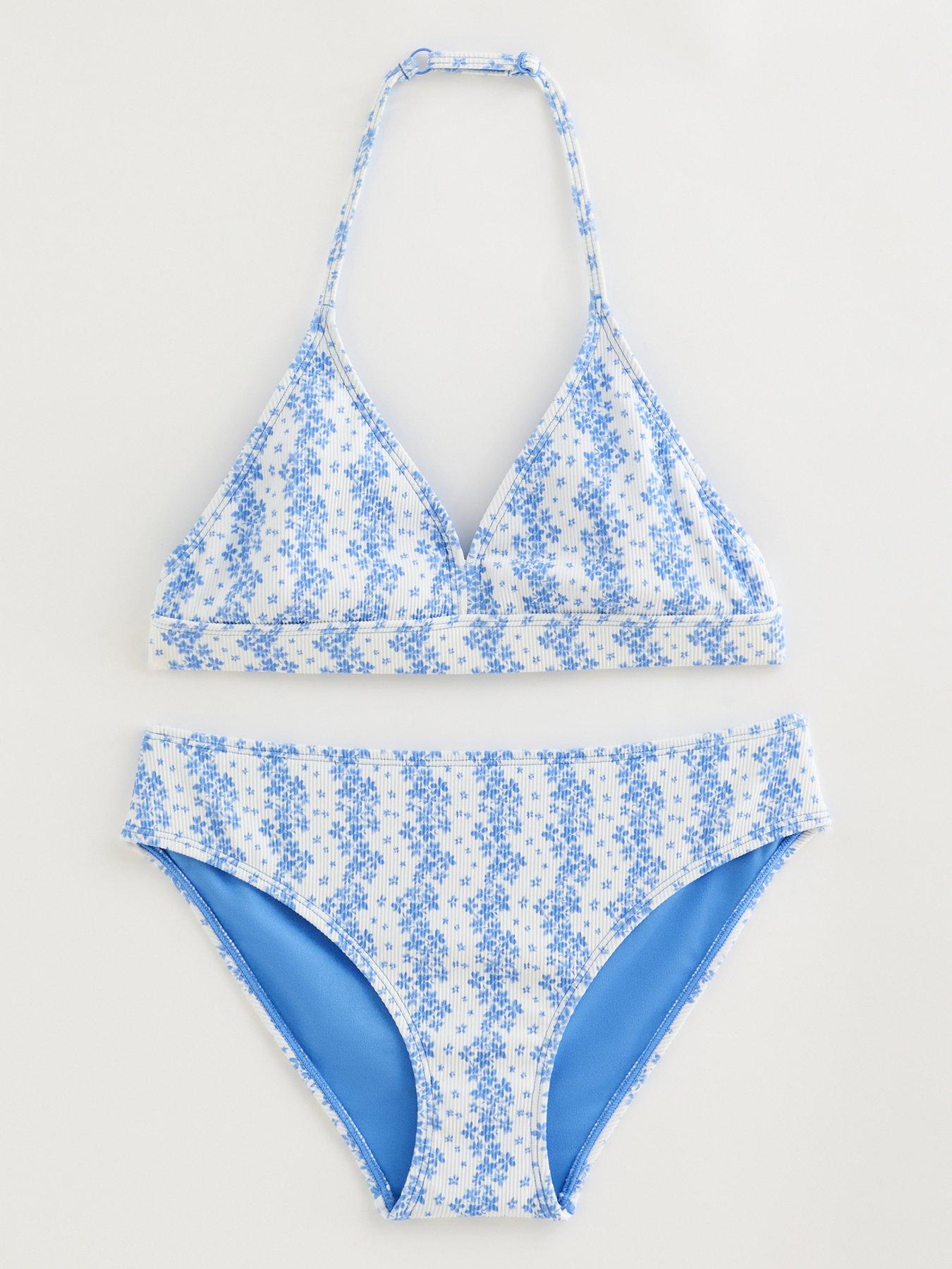 New Look 915 Girls Light Blue Floral Ribbed Triangle Bikini Top And Bottoms Set