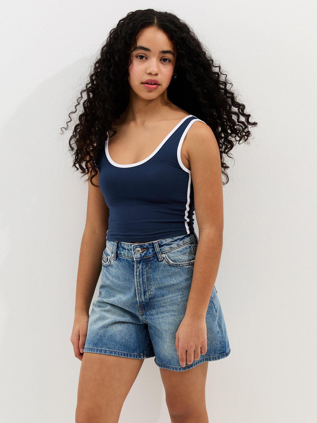 New Look 915 Girls Navy Side Stripe Cropped Tank Top