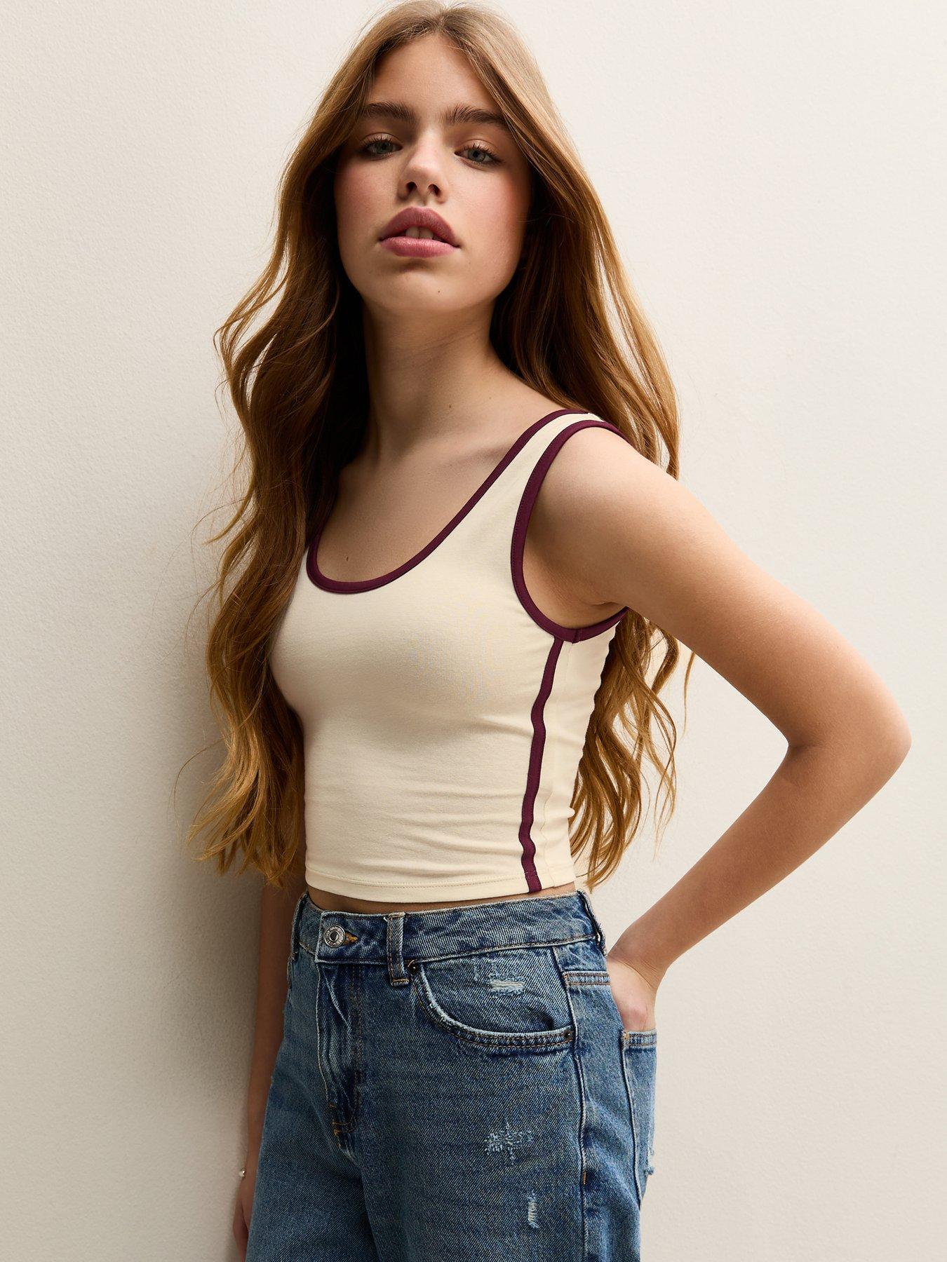 Image 1 of 6 of New Look 915 Girls Side Stripe Cropped Tank Top - Cream
