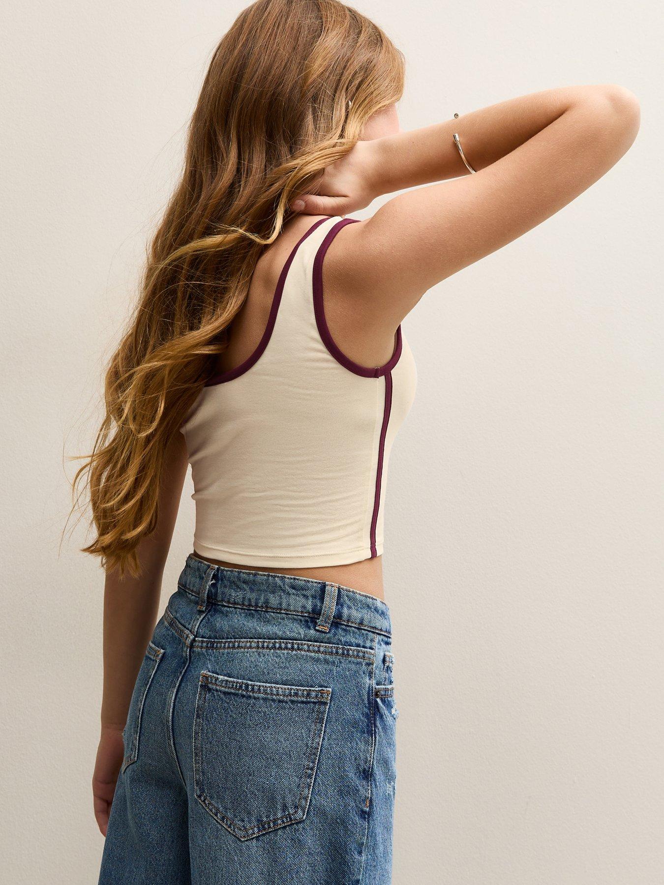 Image 2 of 6 of New Look 915 Girls Side Stripe Cropped Tank Top - Cream