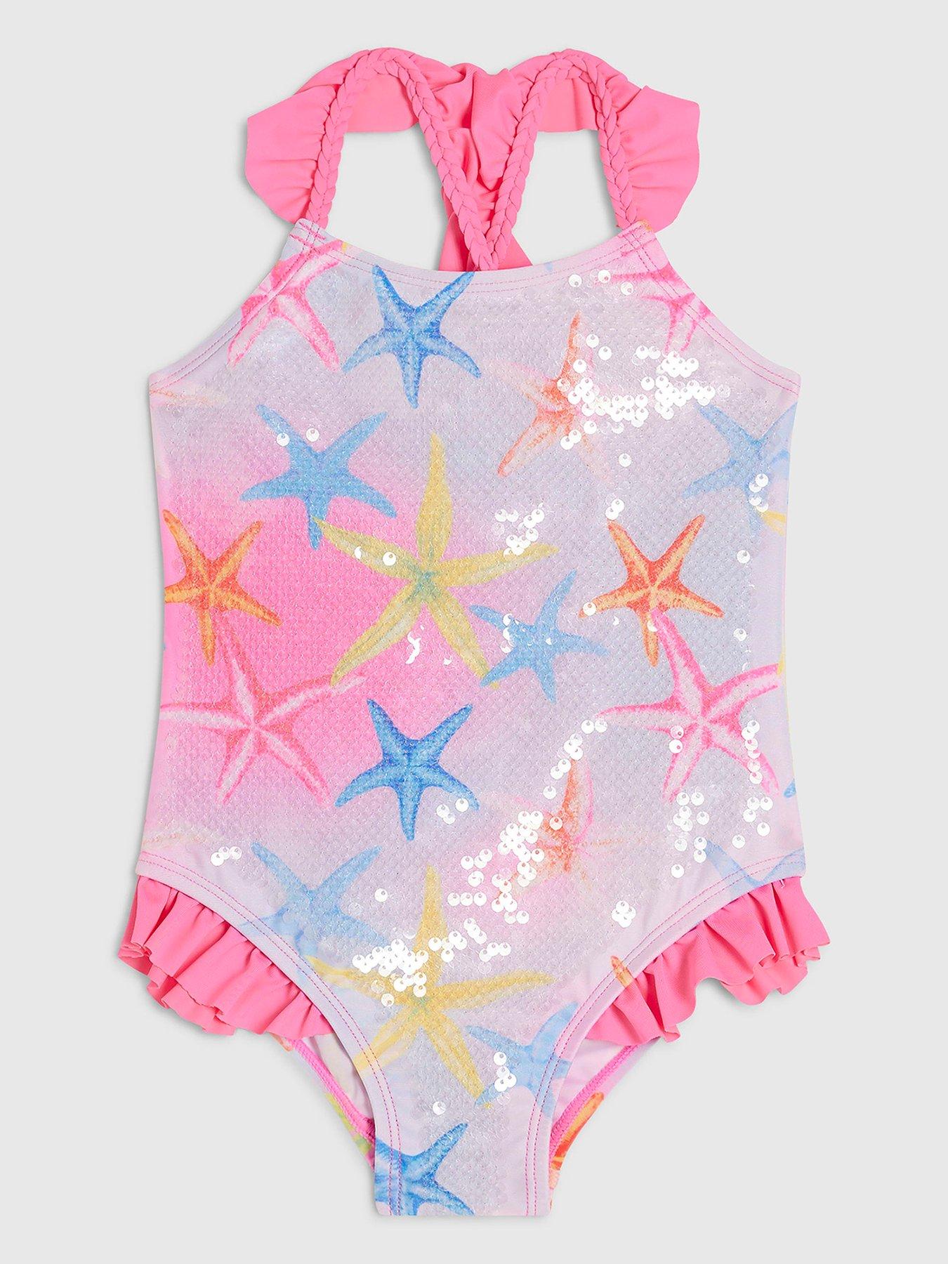 Image 1 of 4 of River Island Mini Girls Starfish Sequin Swimsuit - Pink