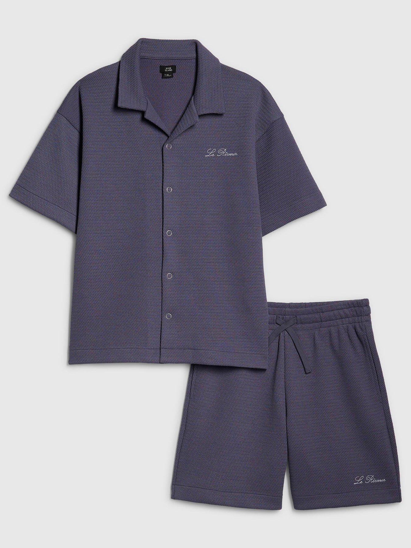 river-island-older-boys-embroidered-textured-shirt-set-dark-bluefront