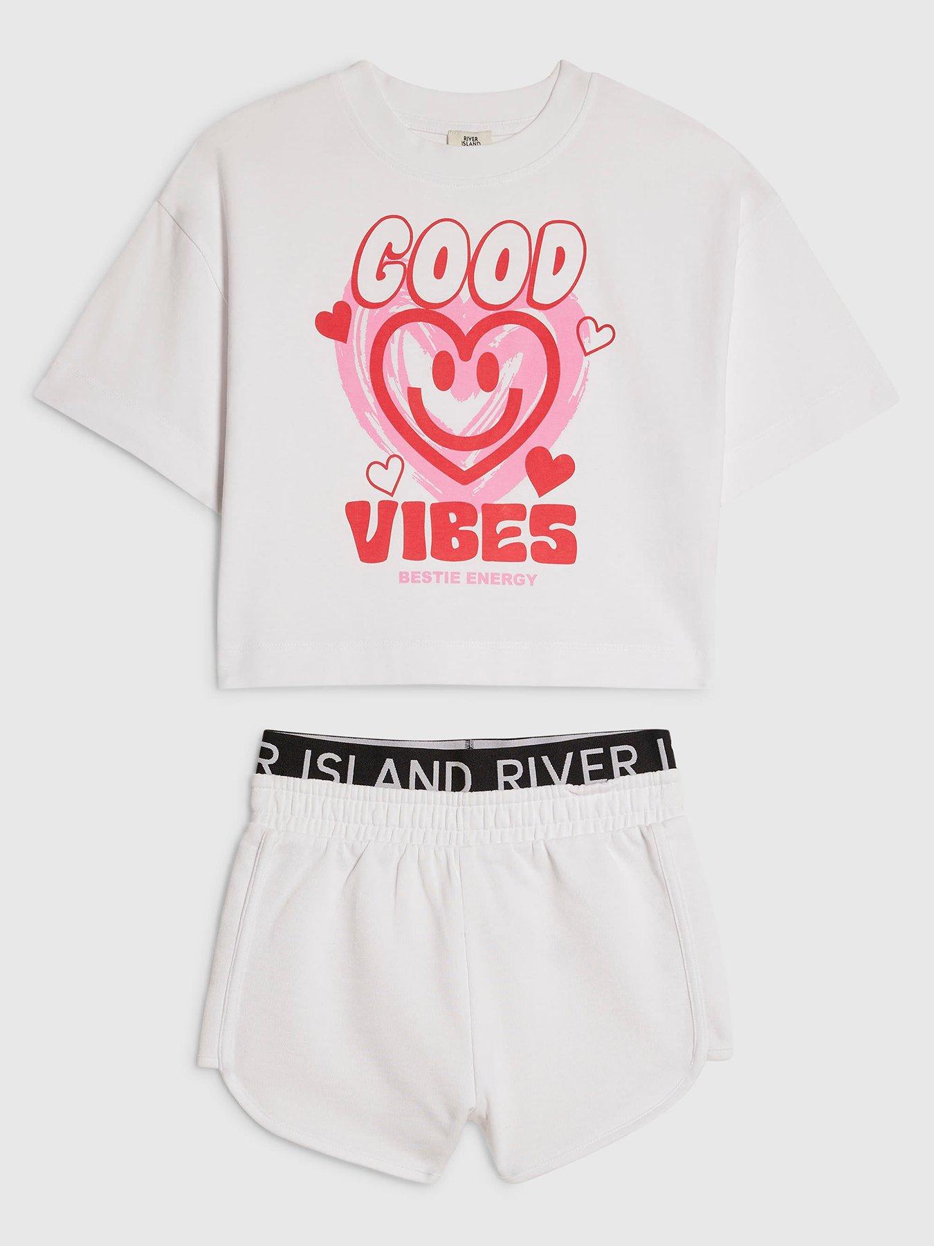 River Island Older Girls Good Vibes Smile T-Shirt Set - White