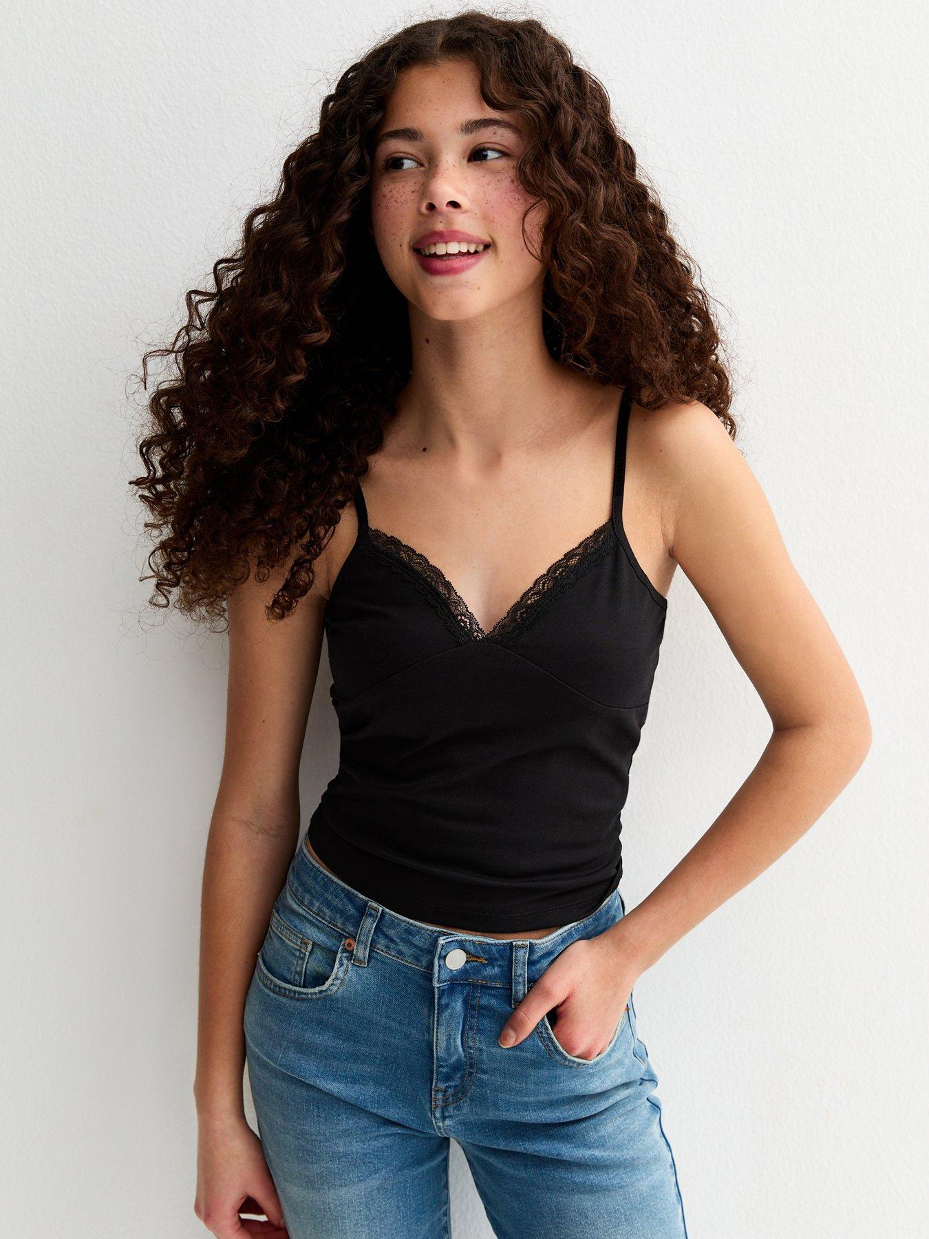 New Look 915 Girls Lace Trim V-Neck Fitted Cami Top - Black