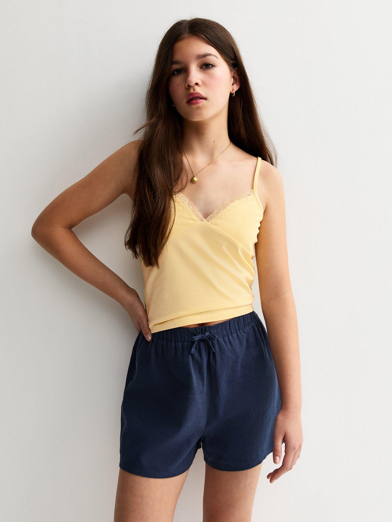 New Look 915 Girls Lace Trim V-Neck Fitted Cami Top - Light Yellow