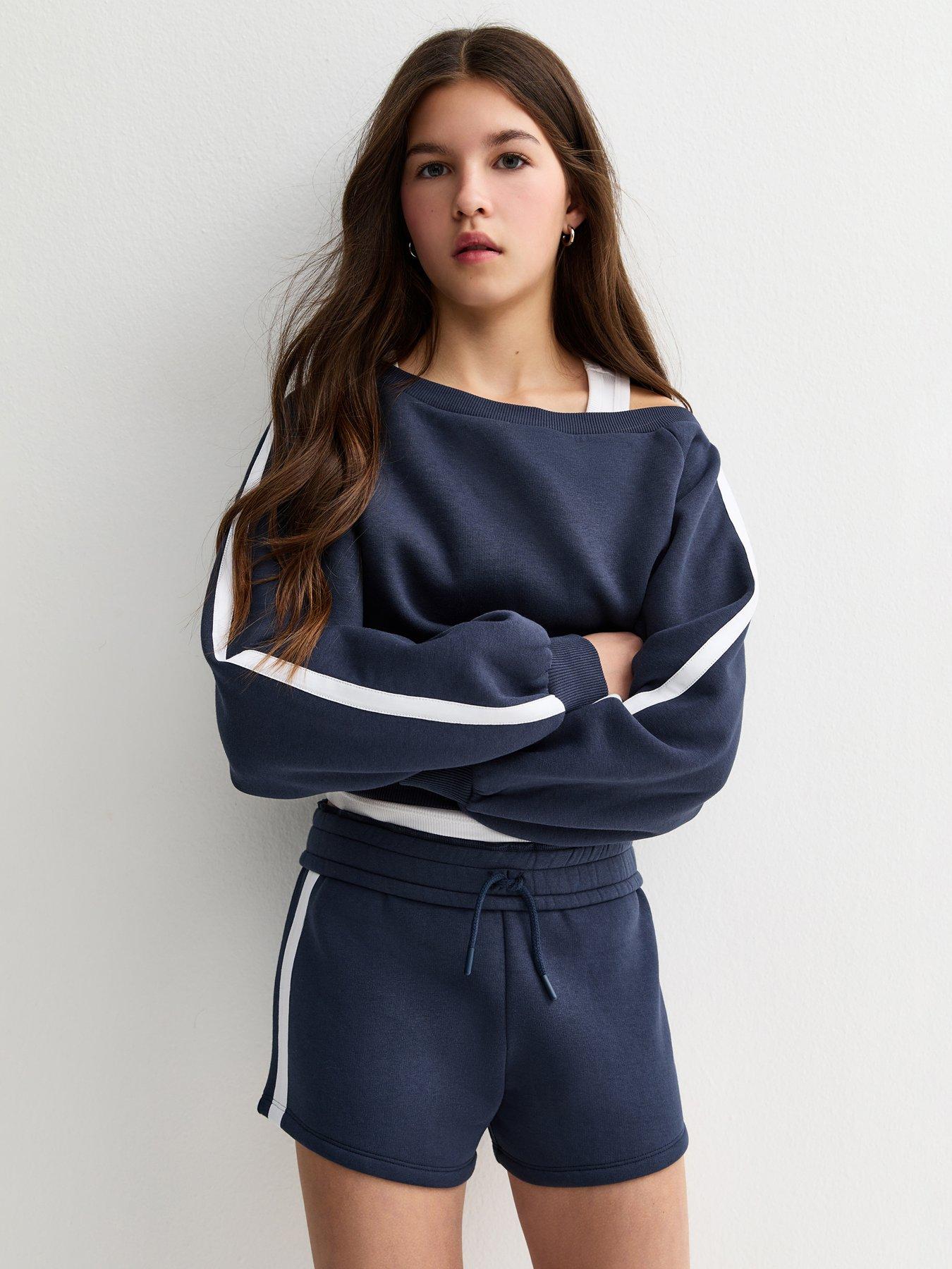 new-look-915-girls-side-stripe-drawstring-shorts-navyfront