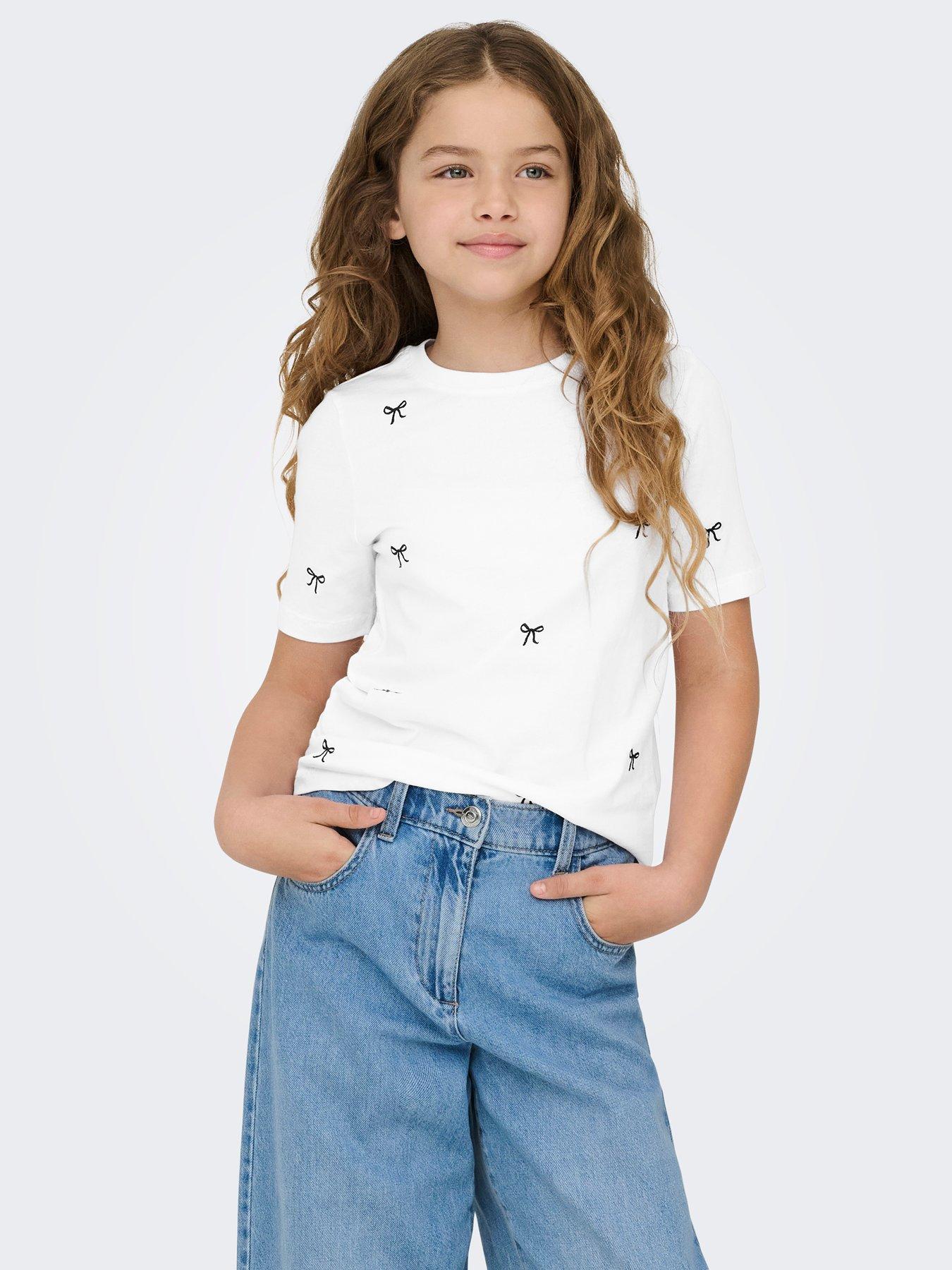 Only Kids Girls Bow Embroidered Short Sleeve T-Shirt - White