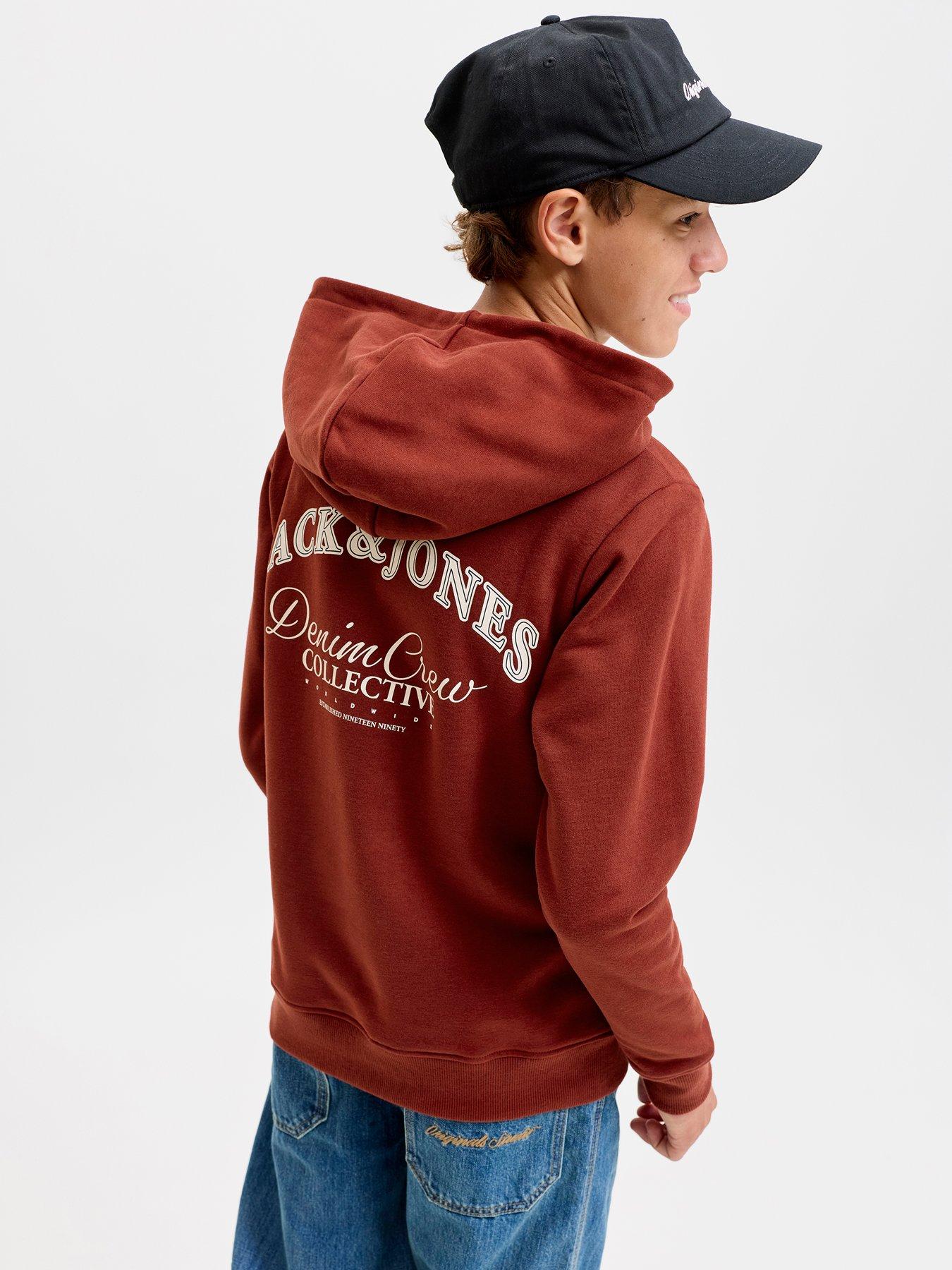 Jack & Jones Junior Boys Back Print Relaxed Hoody - Red in Fired Brick