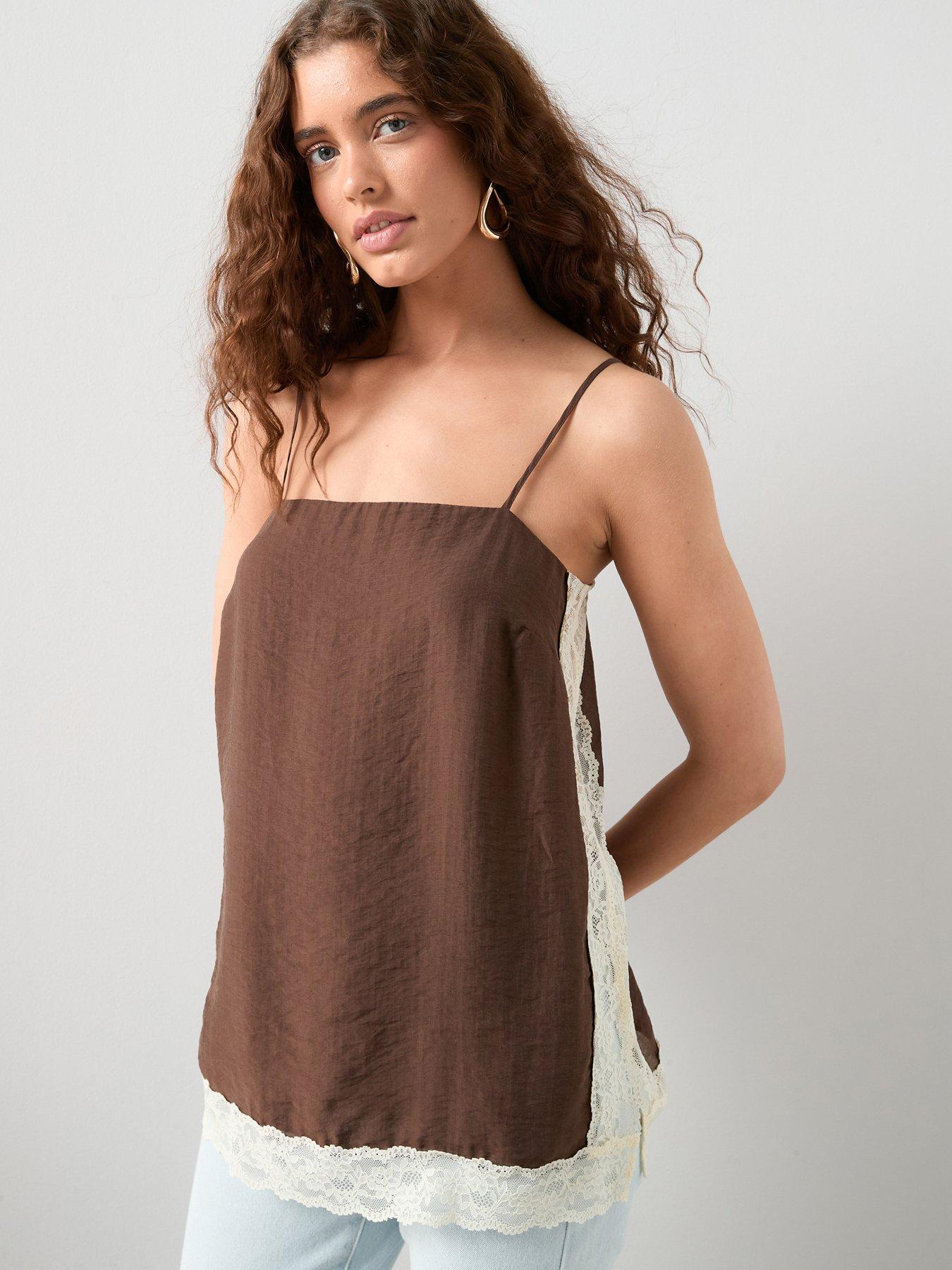 Image 1 of 7 of The Very Collection Lace Trim Square Neck Cami Top - Brown