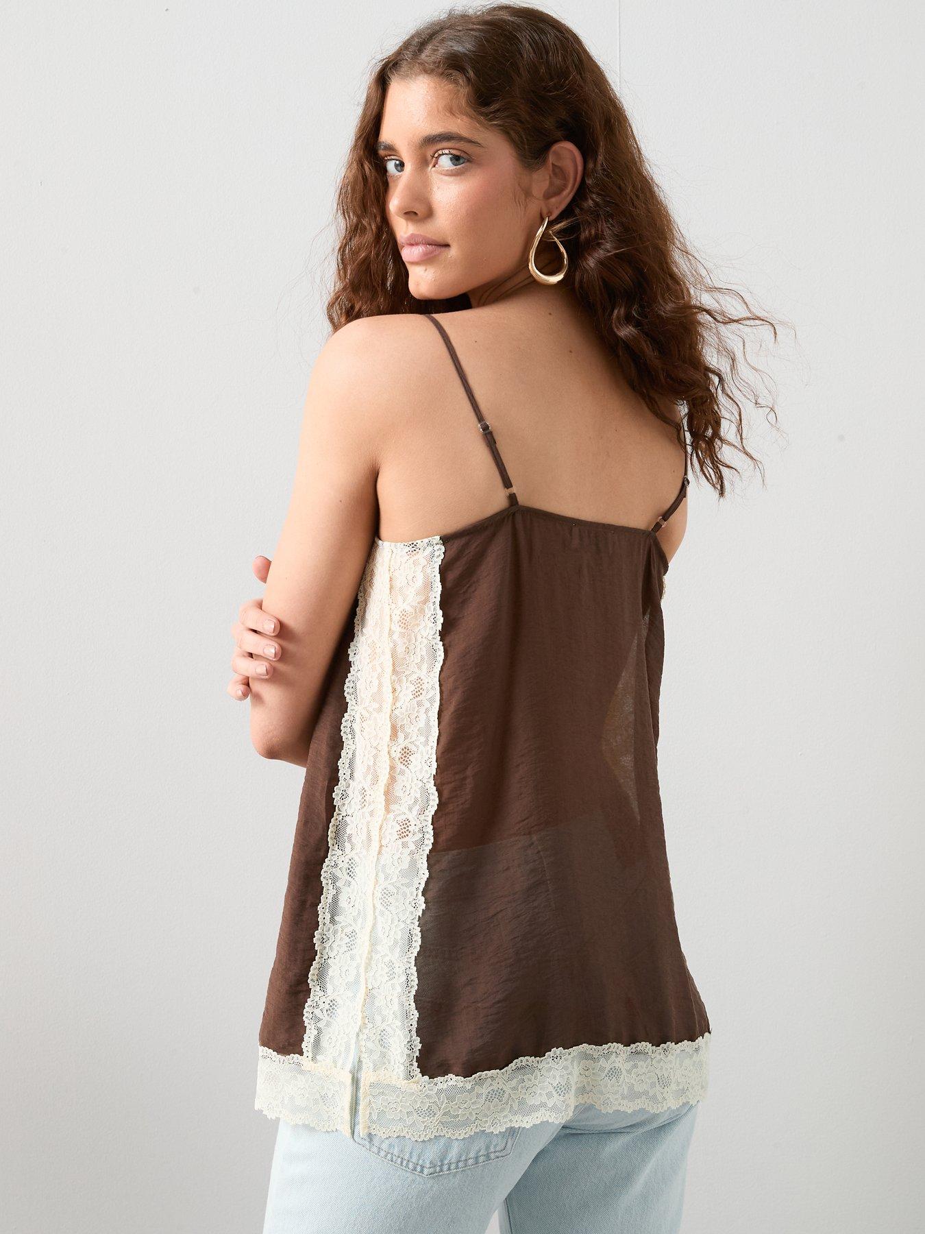 Image 2 of 7 of The Very Collection Lace Trim Square Neck Cami Top - Brown