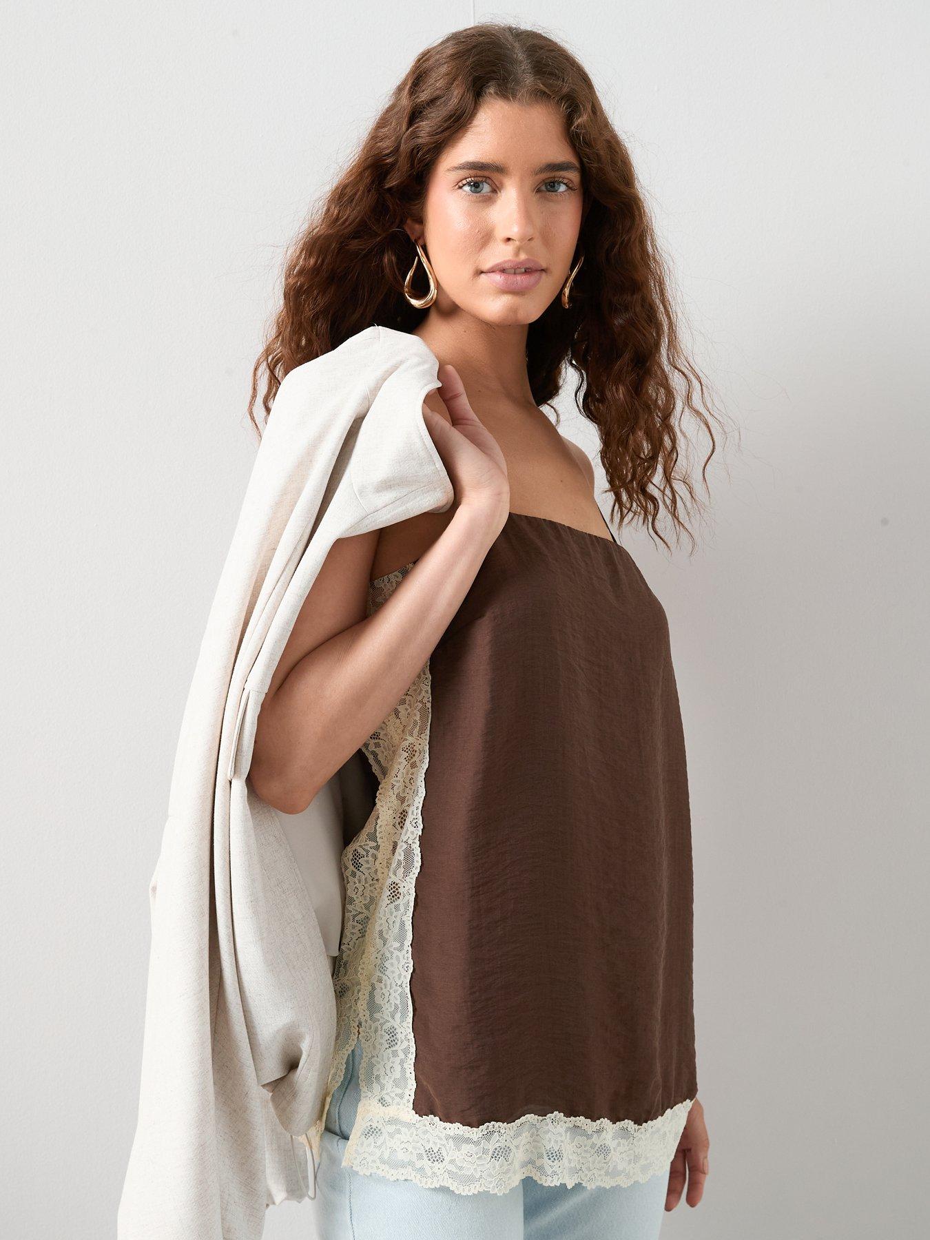 Image 6 of 7 of The Very Collection Lace Trim Square Neck Cami Top - Brown