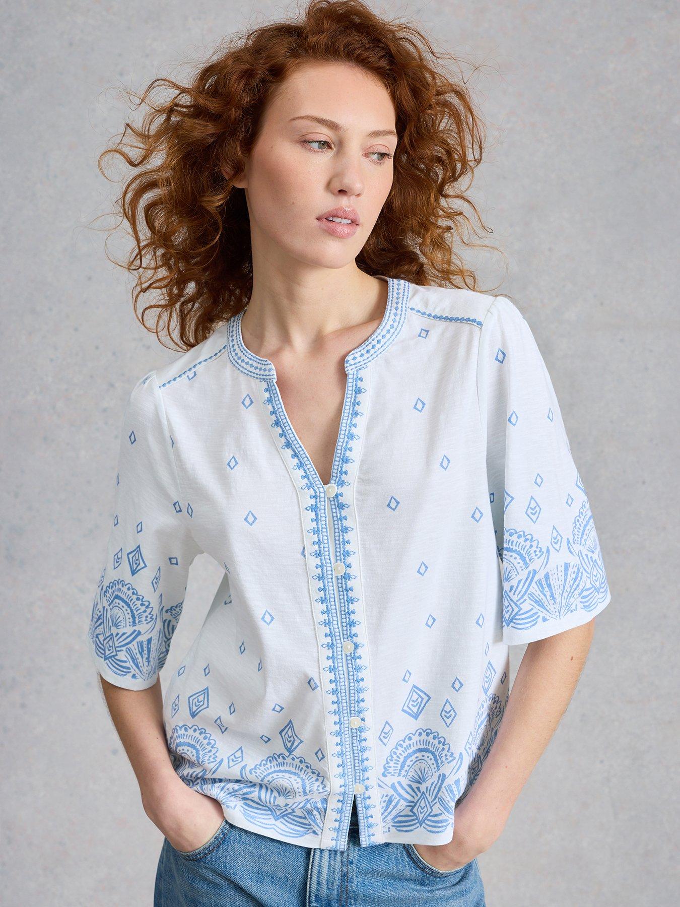 Image 1 of 6 of White Stuff Lizzie Border Embroidered Top - White