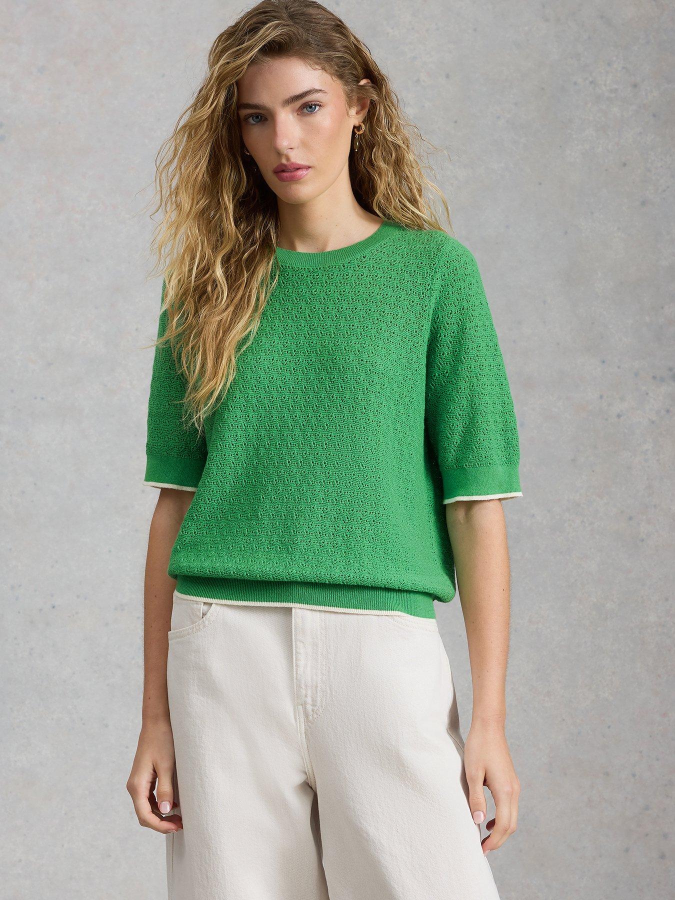 Image 1 of 6 of White Stuff Holly Pointelle T-Shirt - Green