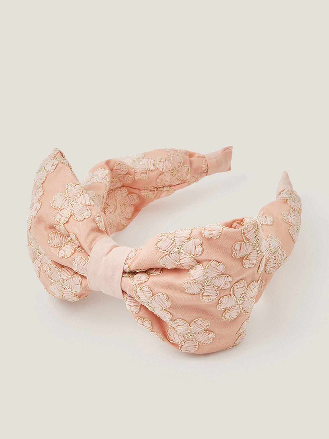 Image 1 of 2 of Monsoon Girls Sara Satin Embroidered Bow Aliceband - Pink