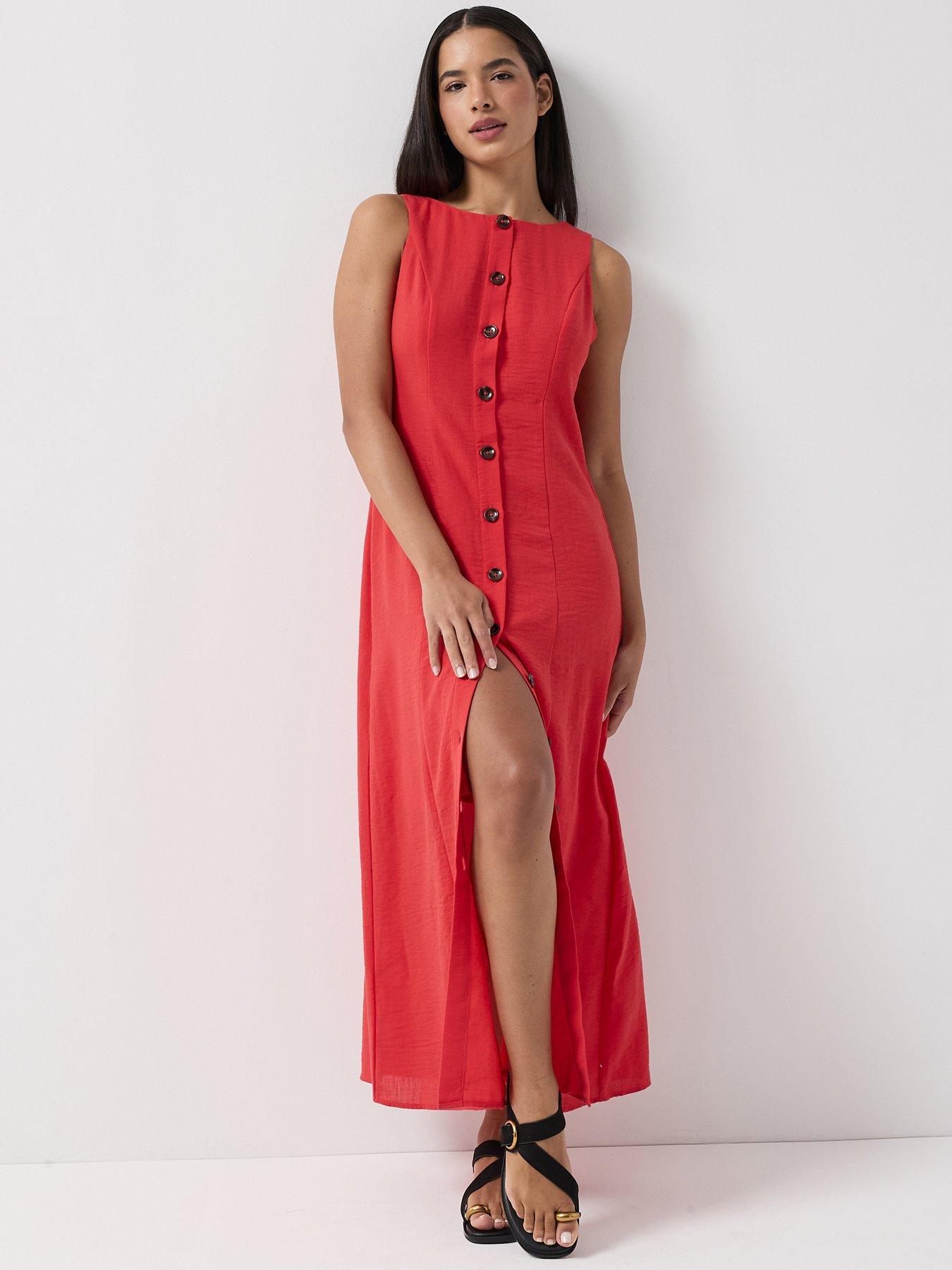 Image 1 of 6 of Vero Moda Button Through Split Maxi Dress - Red