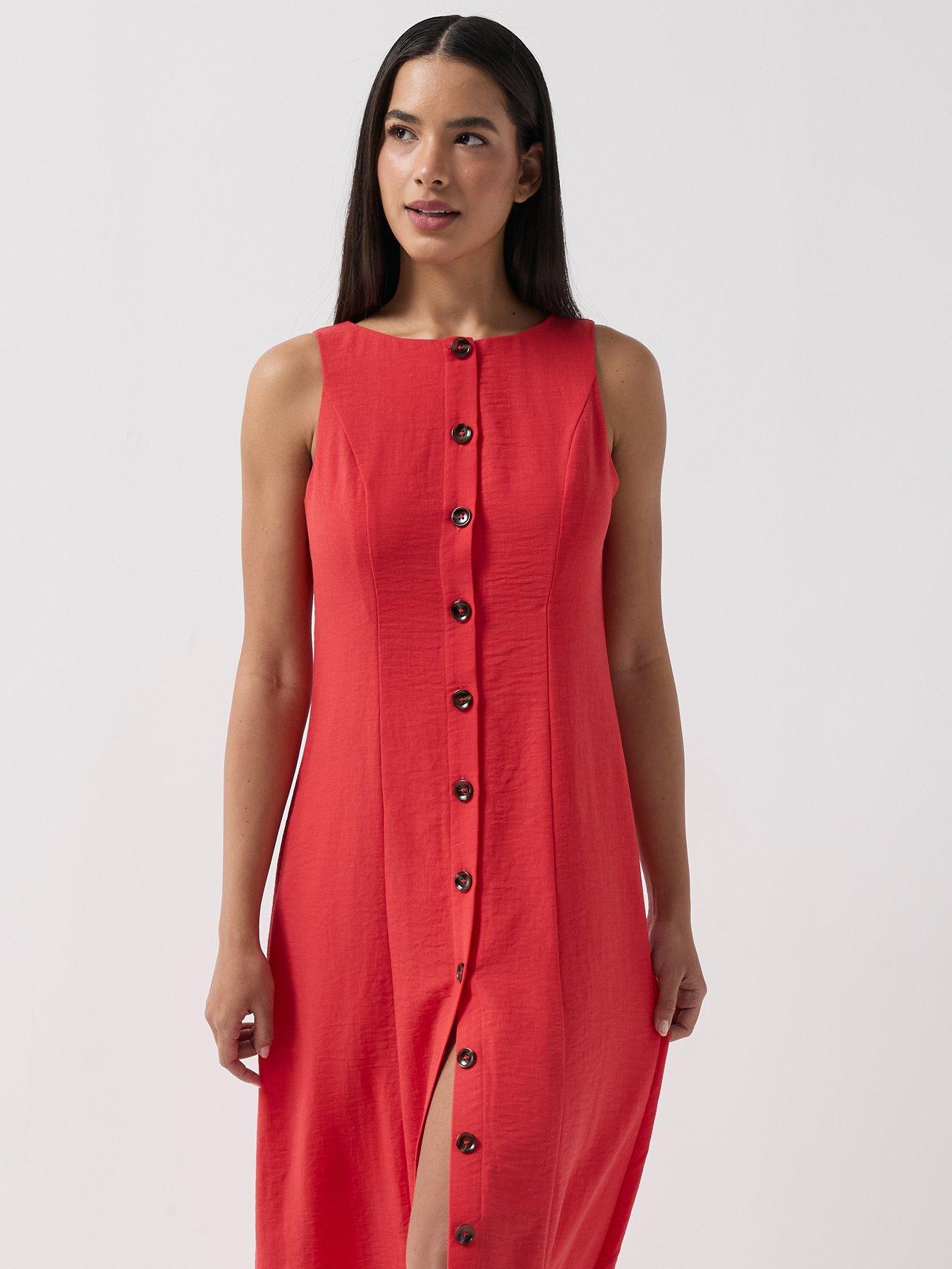 Image 5 of 6 of Vero Moda Button Through Split Maxi Dress - Red