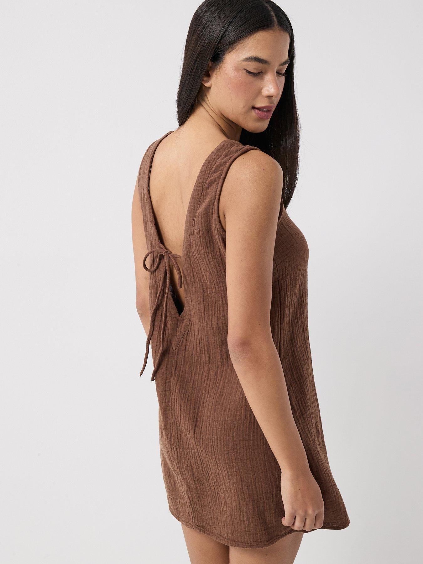 only-onlthyra-open-tie-back-mini-dress-brownfront