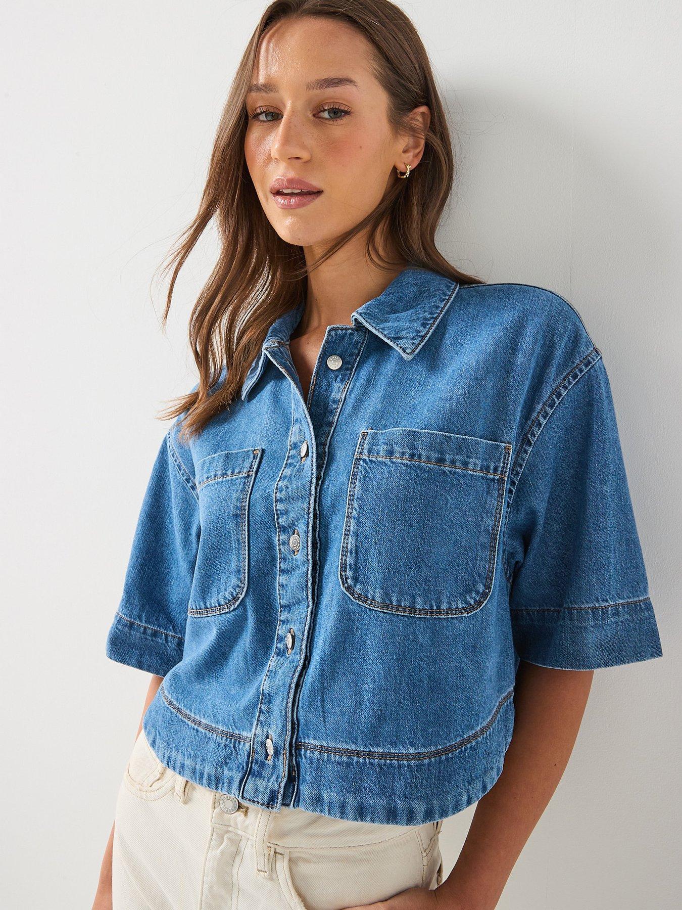 Image 1 of 5 of Only Cleo Short Sleeve Crop Denim Shirt - Blue
