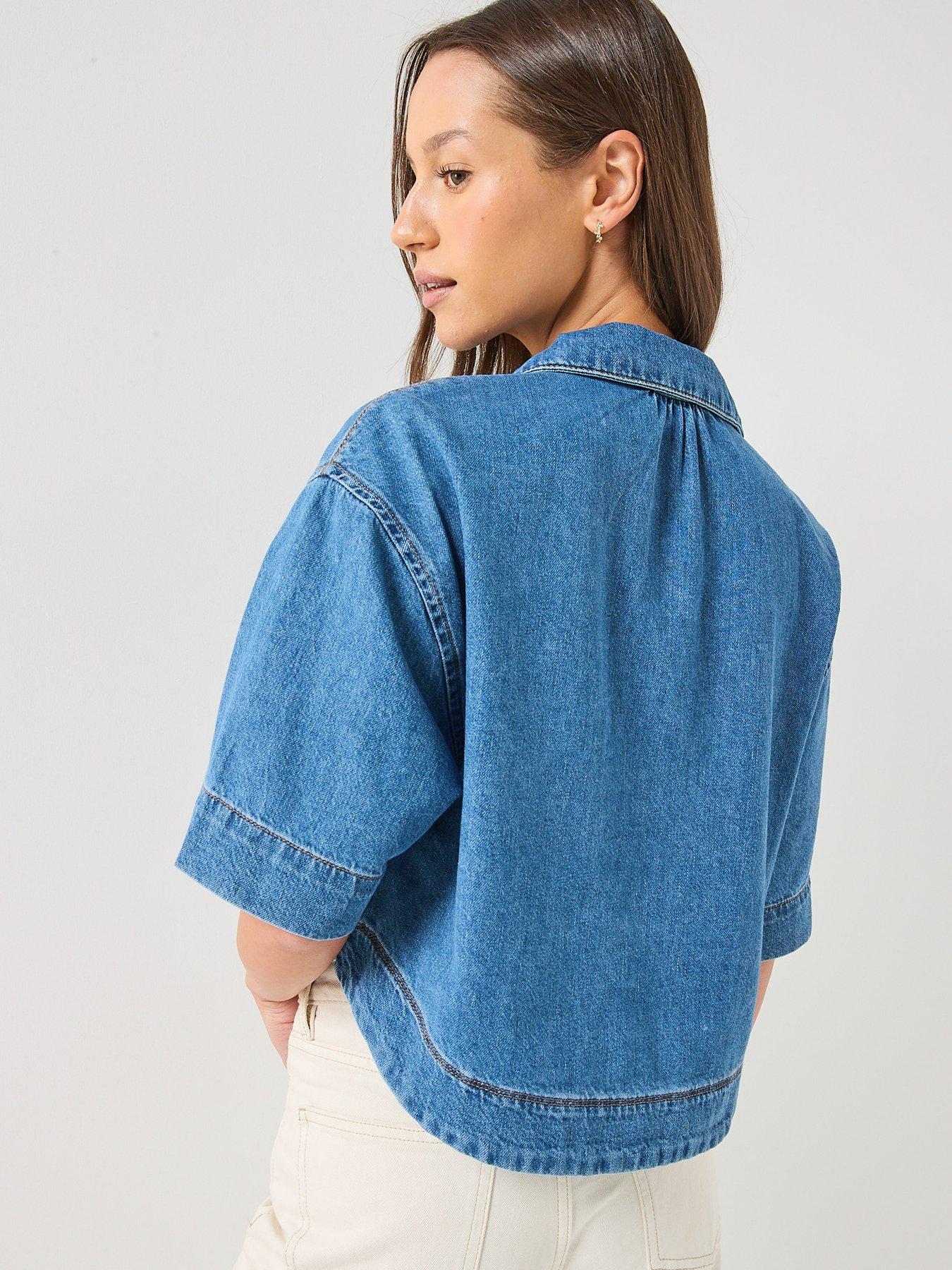 Image 2 of 5 of Only Cleo Short Sleeve Crop Denim Shirt - Blue
