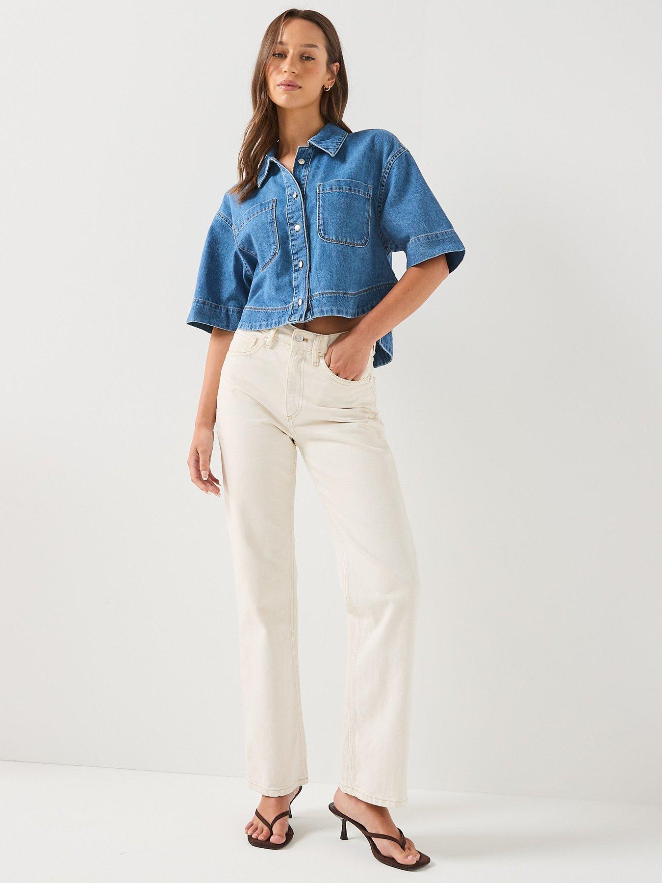 Image 3 of 5 of Only Cleo Short Sleeve Crop Denim Shirt - Blue
