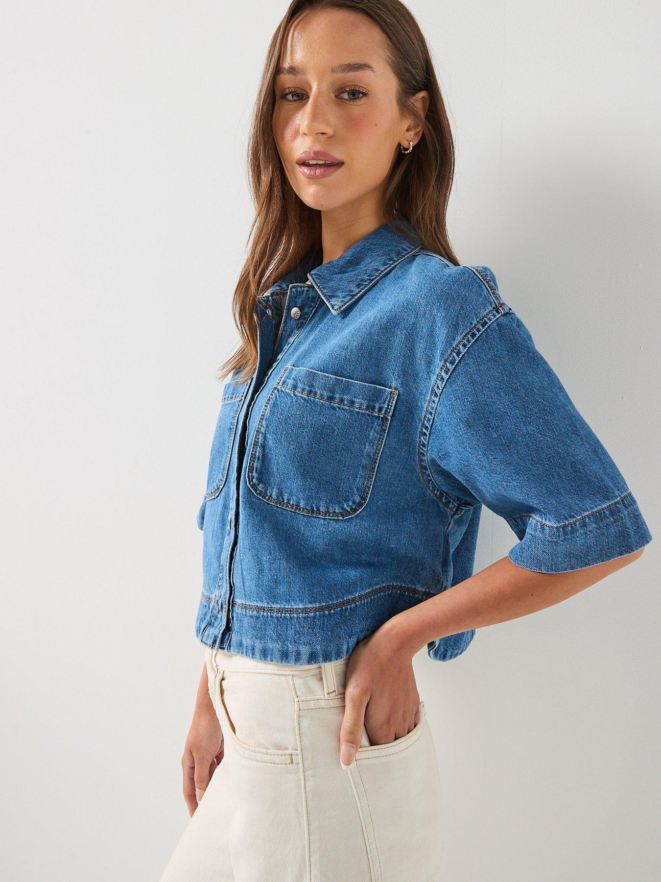 Image 4 of 5 of Only Cleo Short Sleeve Crop Denim Shirt - Blue