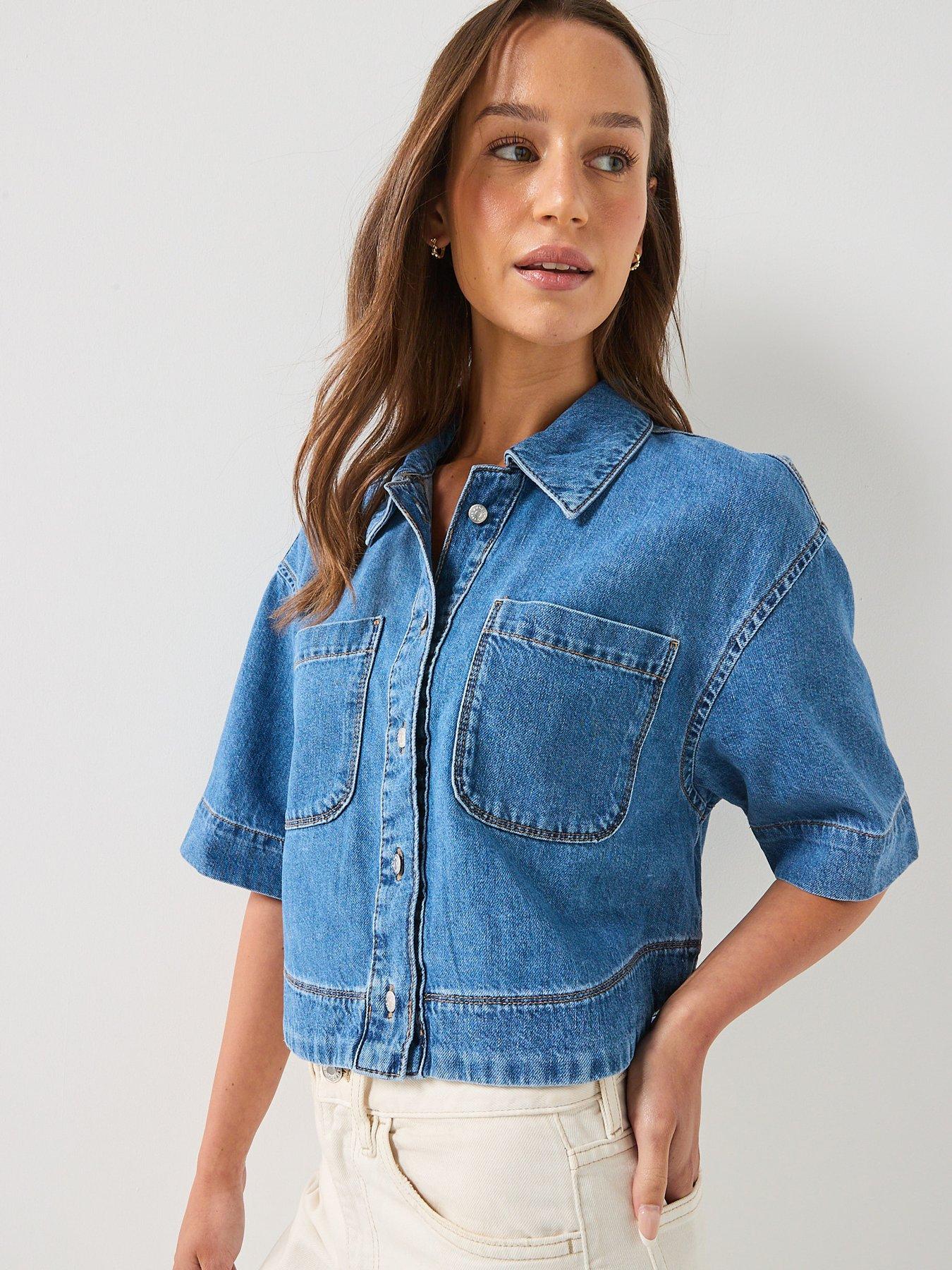 Image 5 of 5 of Only Cleo Short Sleeve Crop Denim Shirt - Blue