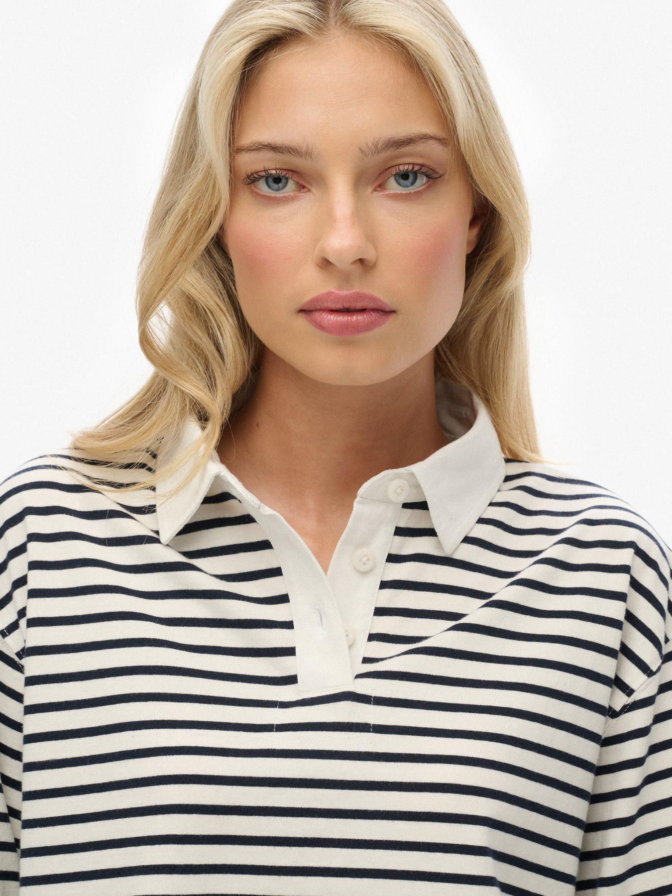 Image 5 of 5 of Superdry Athletic Essentials Cropped Stripe Rugby Top - Cream