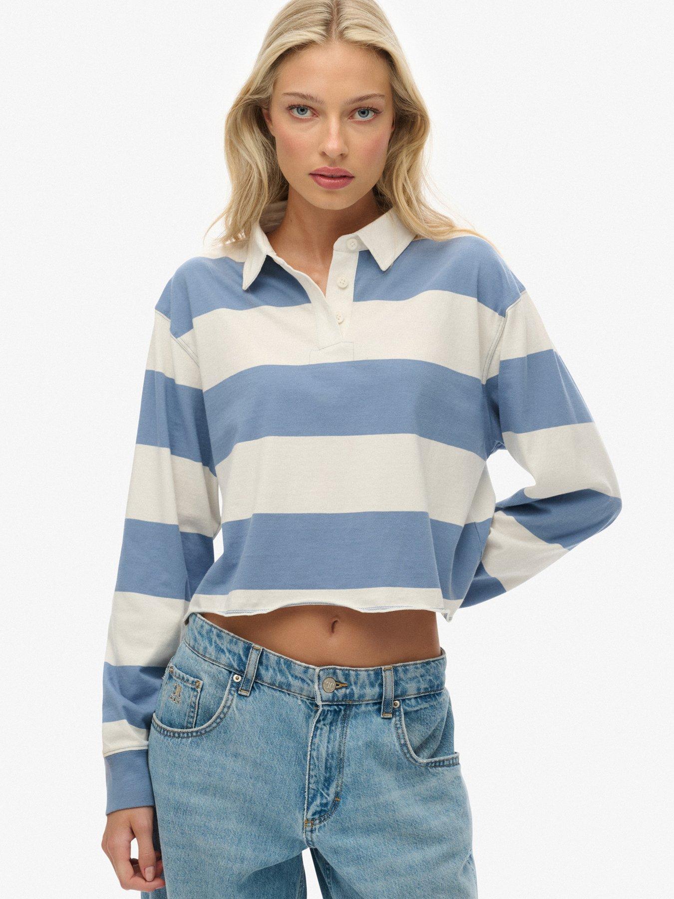 Image 1 of 5 of Superdry Ath Ess Cropped Stripe Rugby Top - Blue