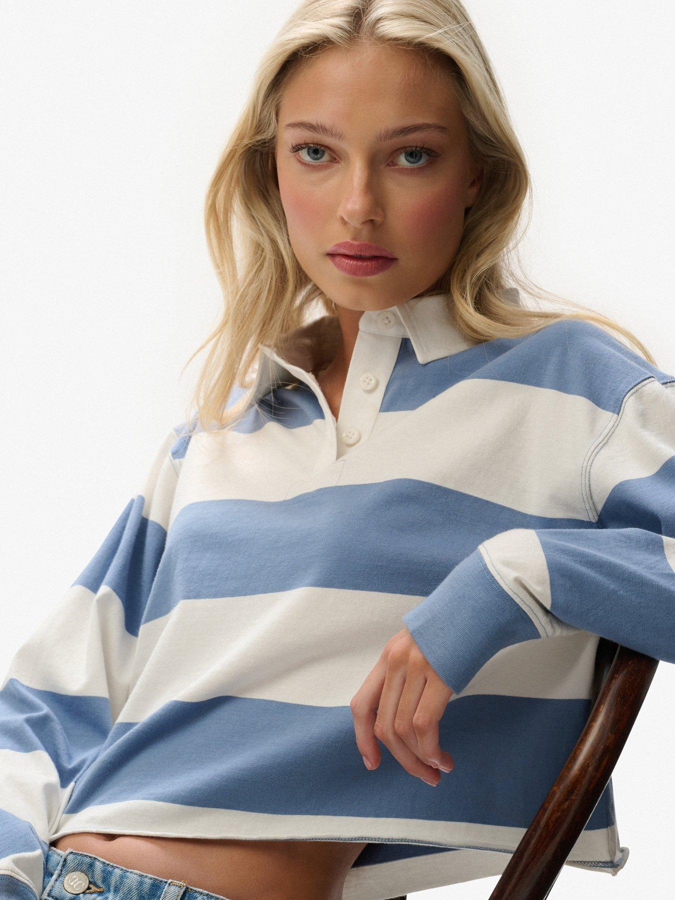 Image 5 of 5 of Superdry Ath Ess Cropped Stripe Rugby Top - Blue