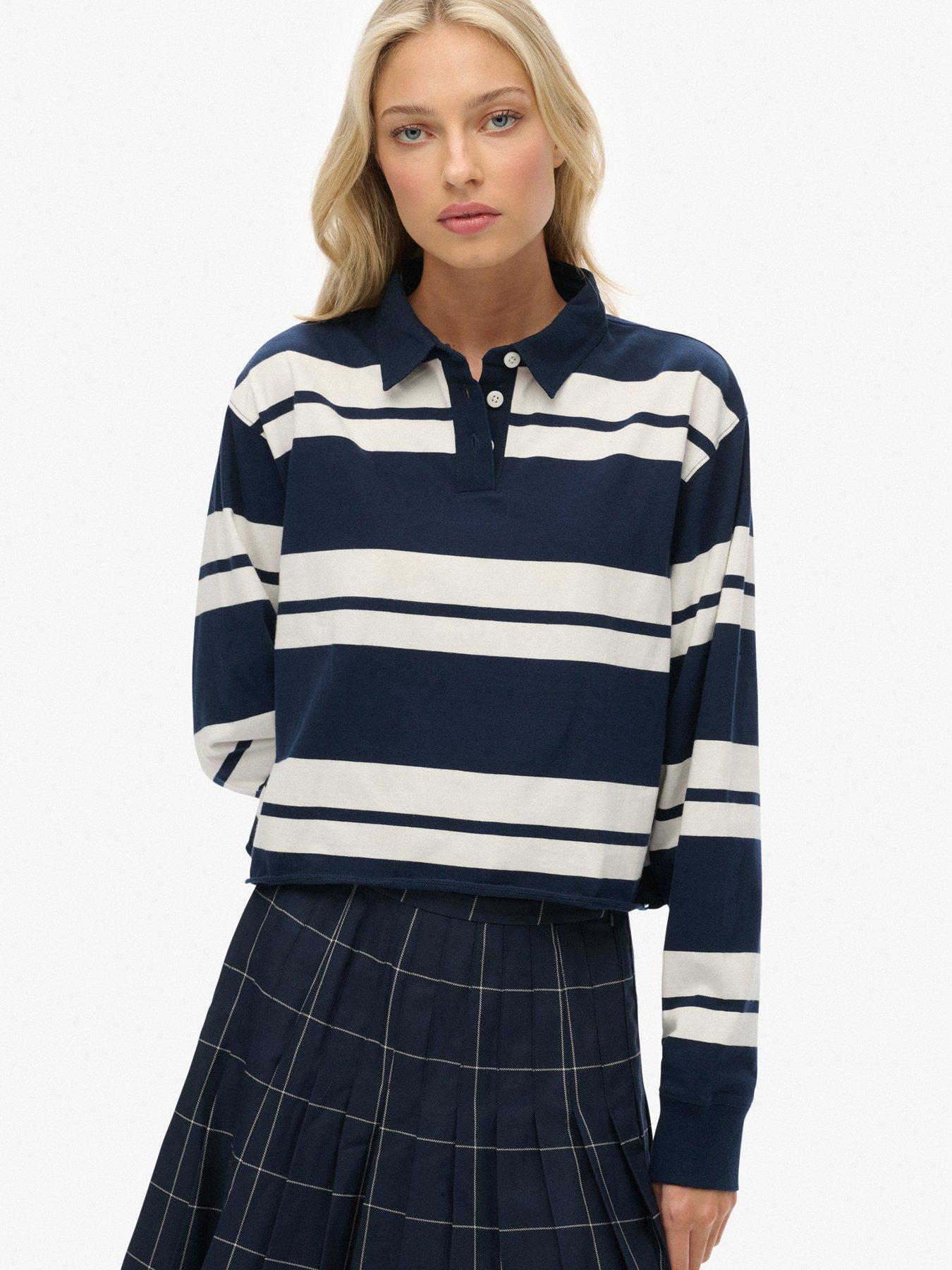 Image 1 of 5 of Superdry Athletic Essentials Cropped Stripe Rugby Shirt- Blue
