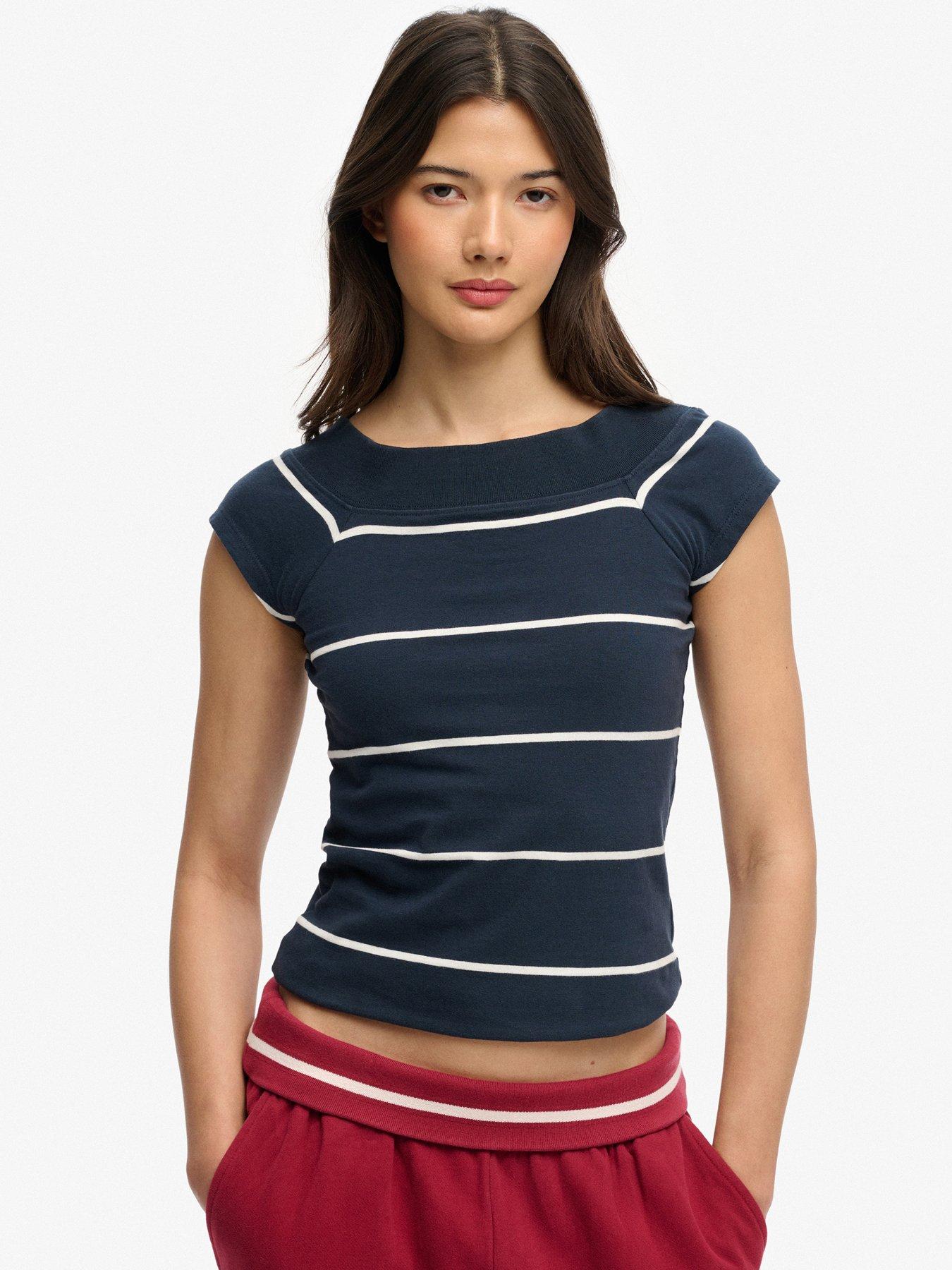 Image 1 of 5 of Superdry Off Shoulder Striped Top - Blue