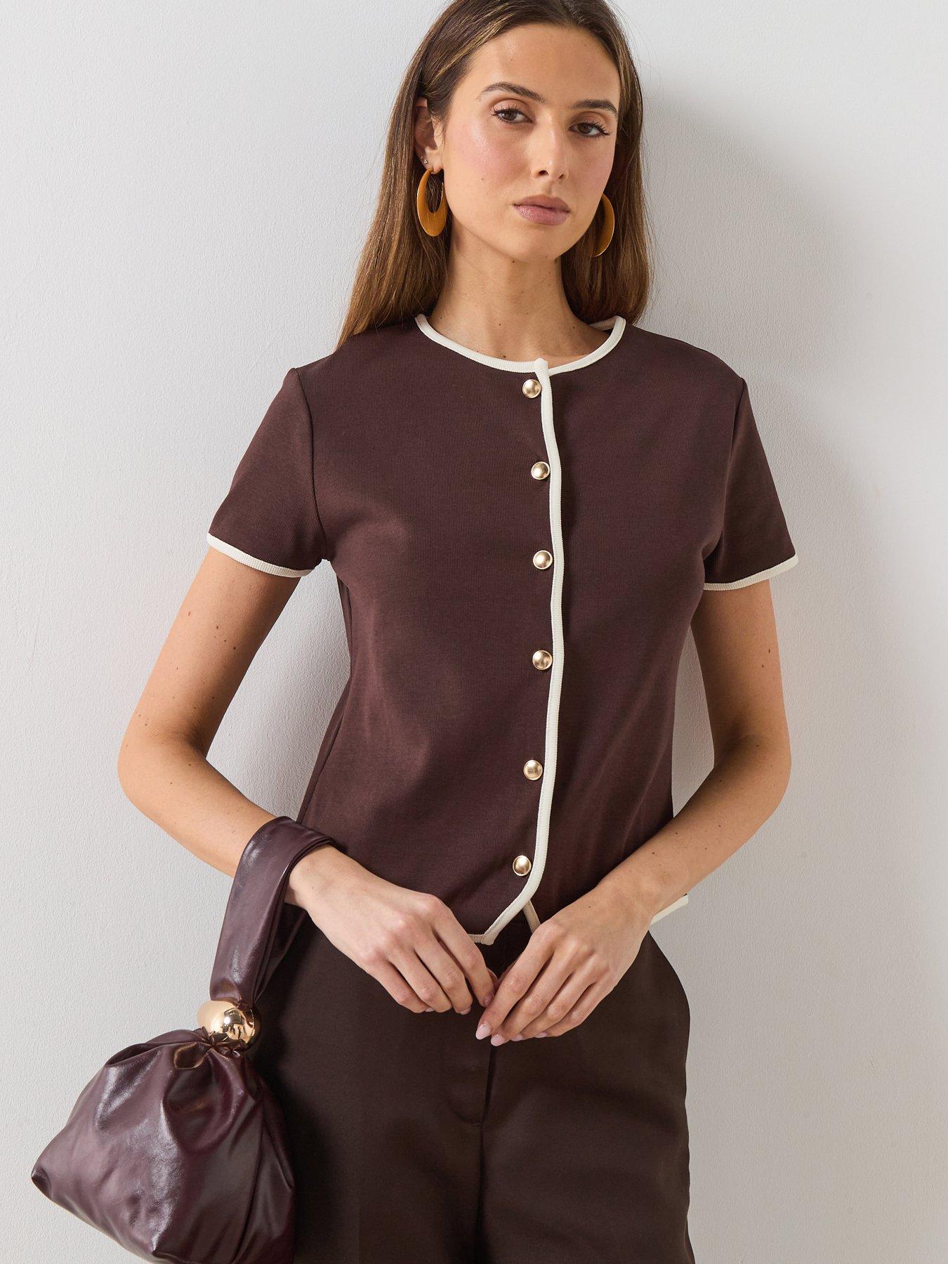 mango-buttoned-cotton-t-shirt-brownfront