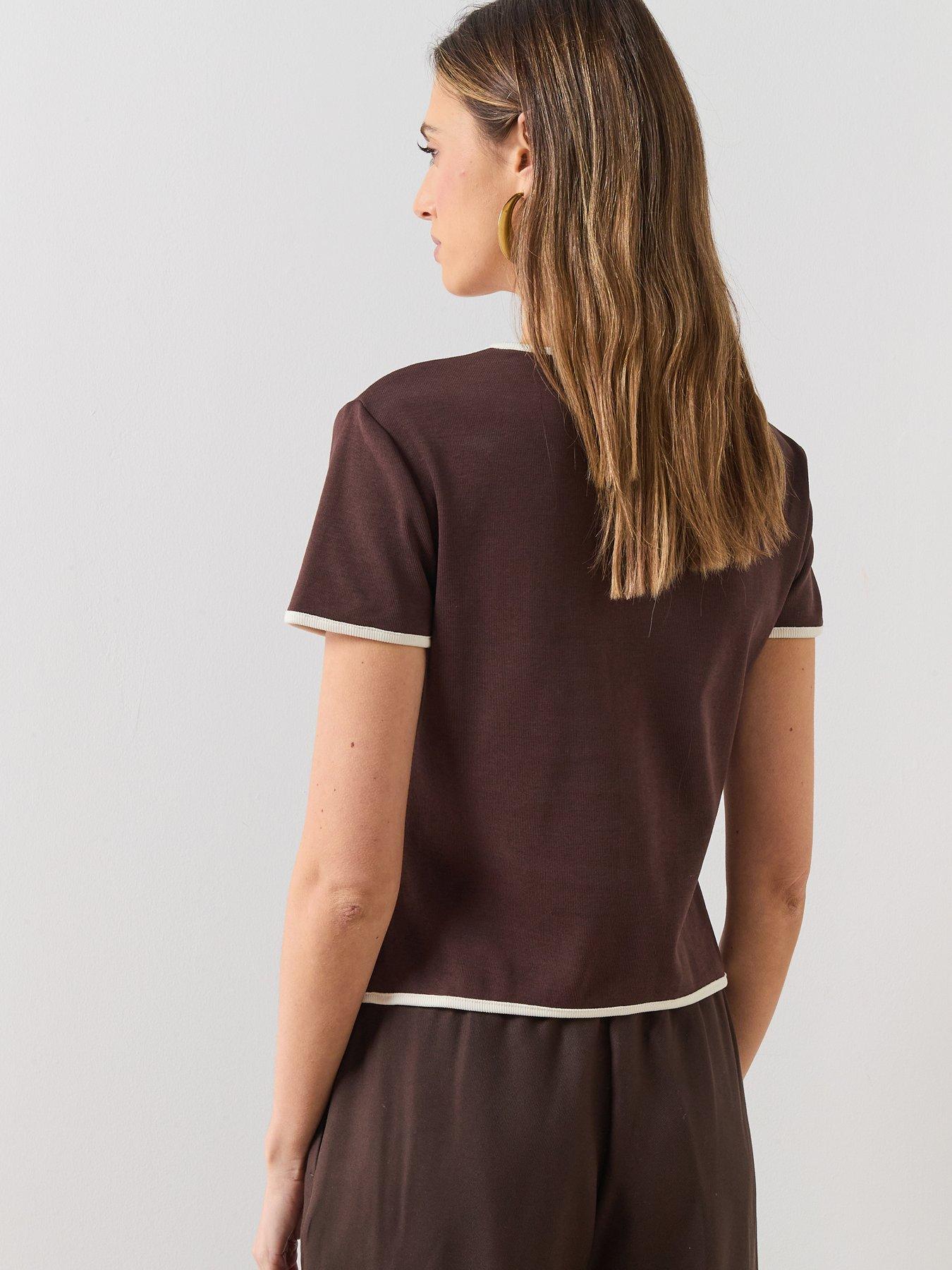 mango-buttoned-cotton-t-shirt-brownstillFront