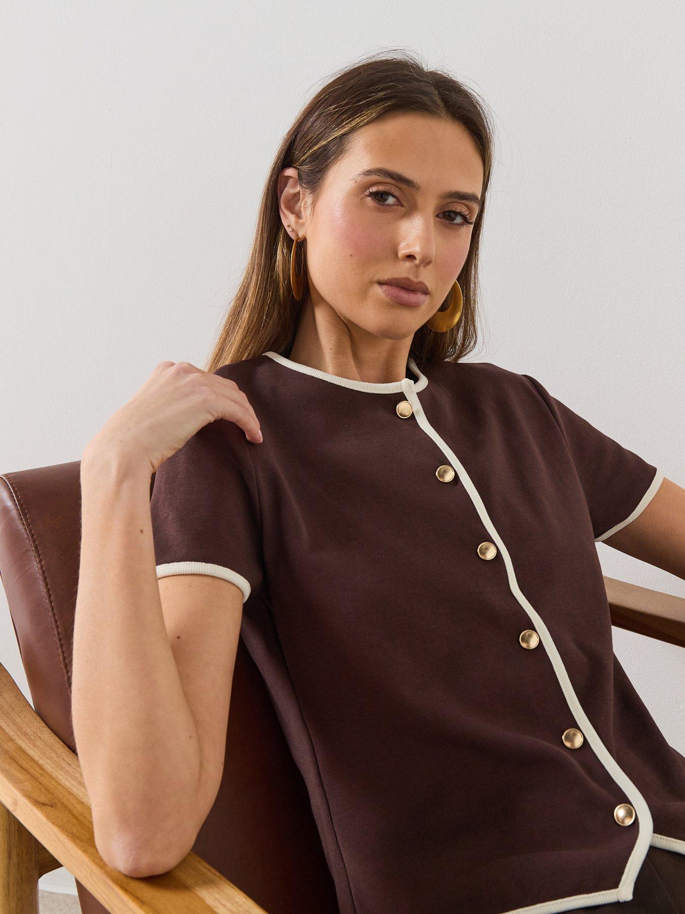 Image 5 of 6 of Mango Buttoned Cotton T-shirt - Brown
