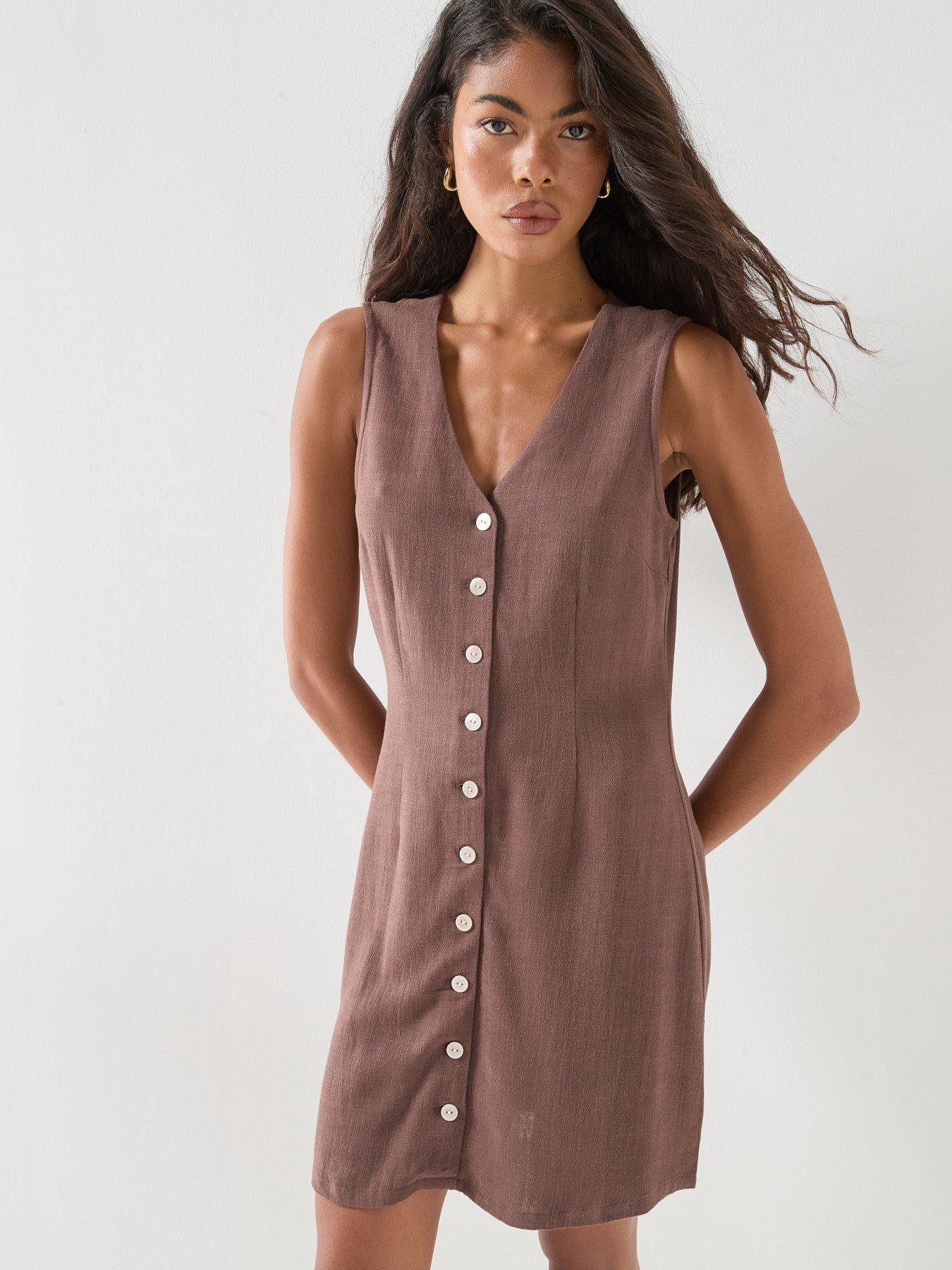 Image 5 of 6 of Only Onlsiesta Lin Bl Sl Short Dress Pnt Noos - Brown