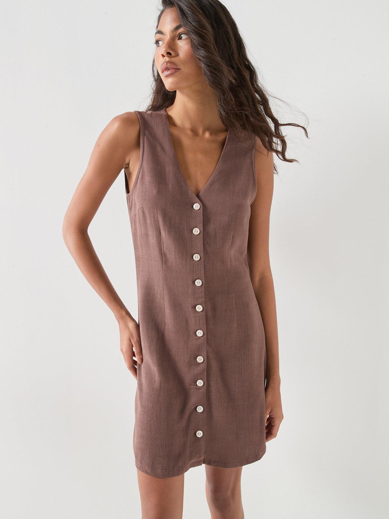 Image 6 of 6 of Only Onlsiesta Lin Bl Sl Short Dress Pnt Noos - Brown