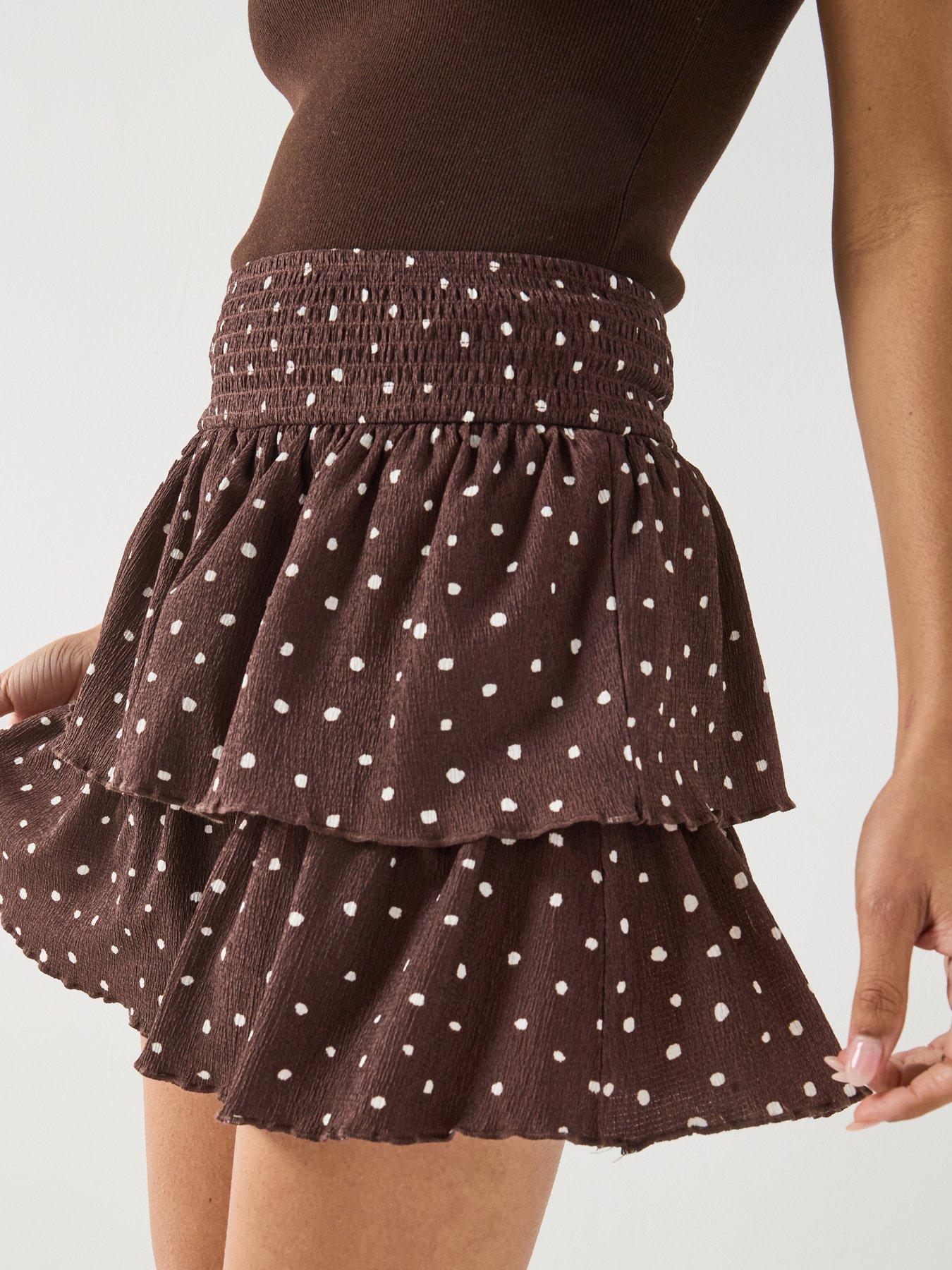 Image 4 of 6 of Only Onlmolly Spot Print Ruffle Mini Skirt - Brown