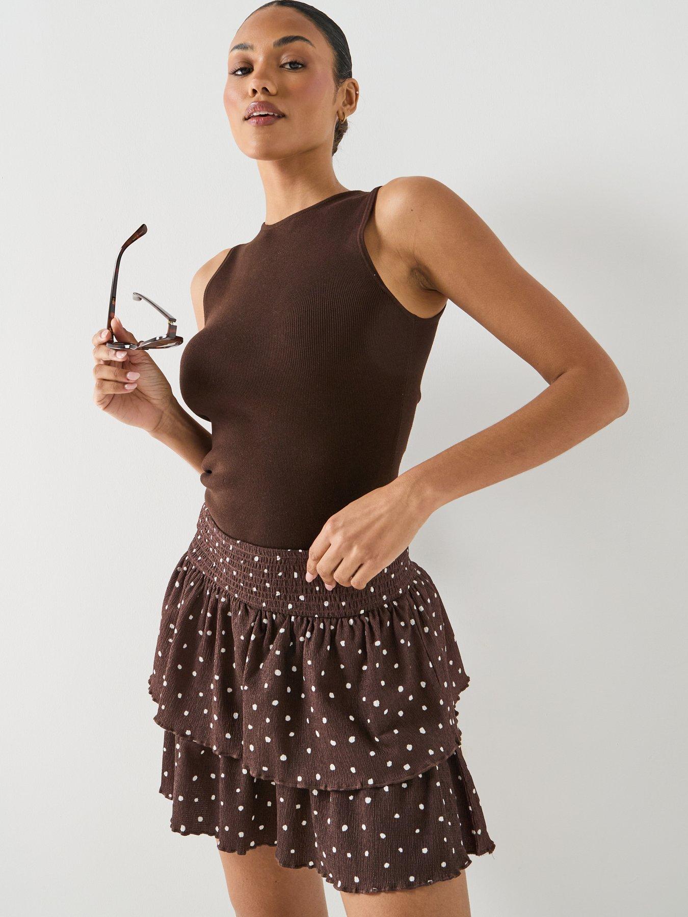 Image 6 of 6 of Only Onlmolly Spot Print Ruffle Mini Skirt - Brown