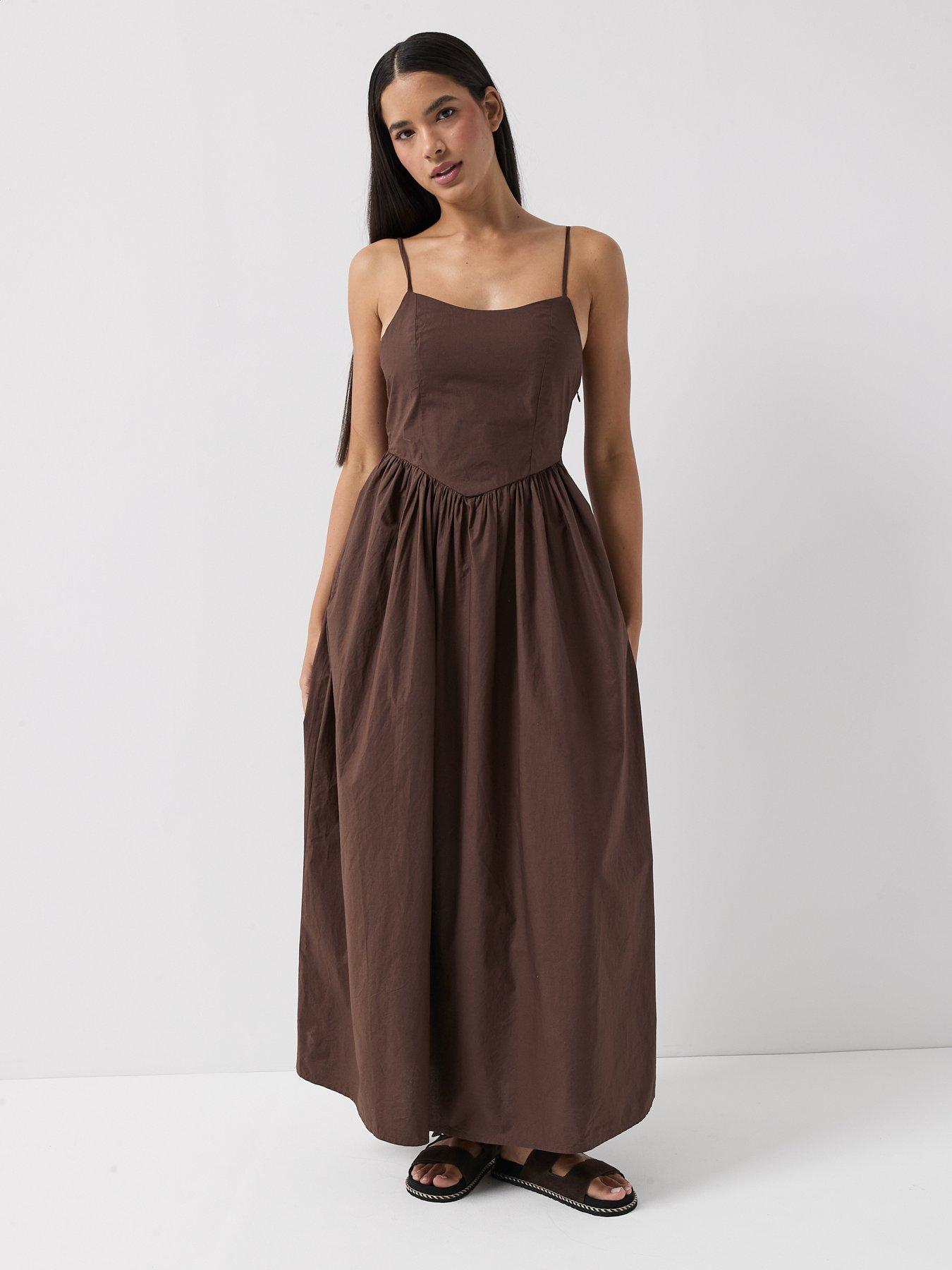 Image 2 of 6 of Only Onllikara Strappy Tie Back Maxi Dress - Brown