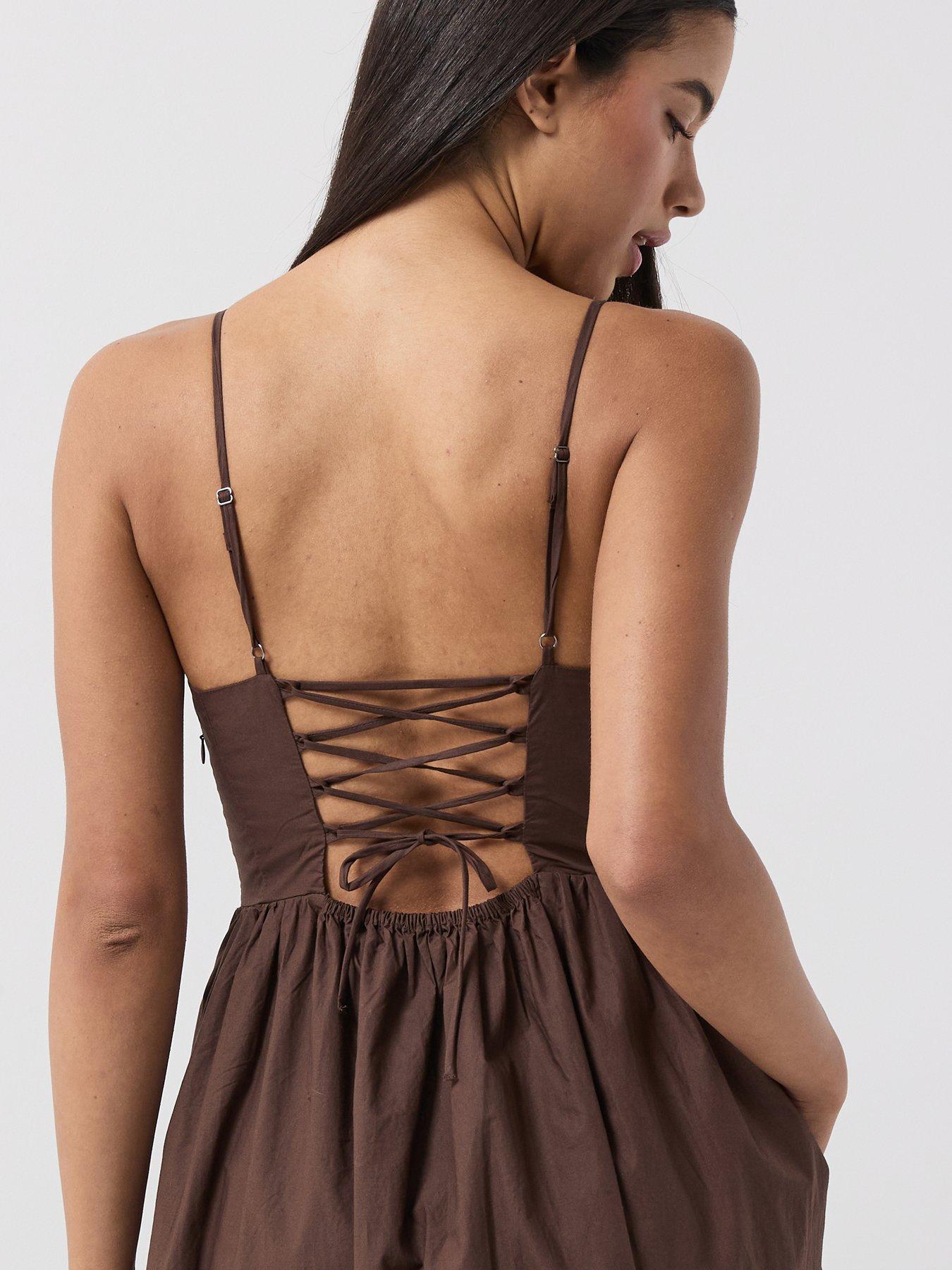 Image 4 of 6 of Only Onllikara Strappy Tie Back Maxi Dress - Brown