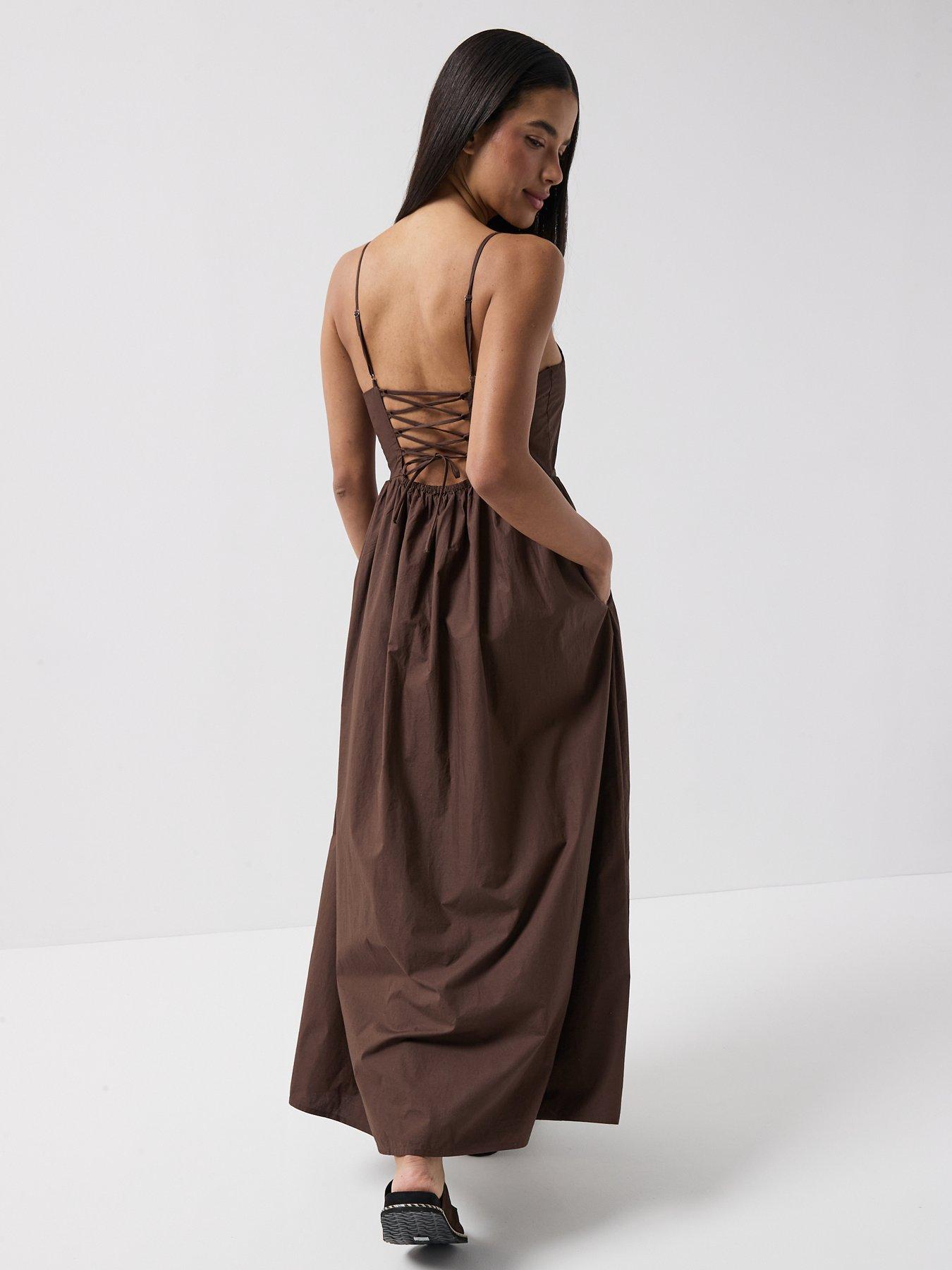 Image 5 of 6 of Only Onllikara Strappy Tie Back Maxi Dress - Brown