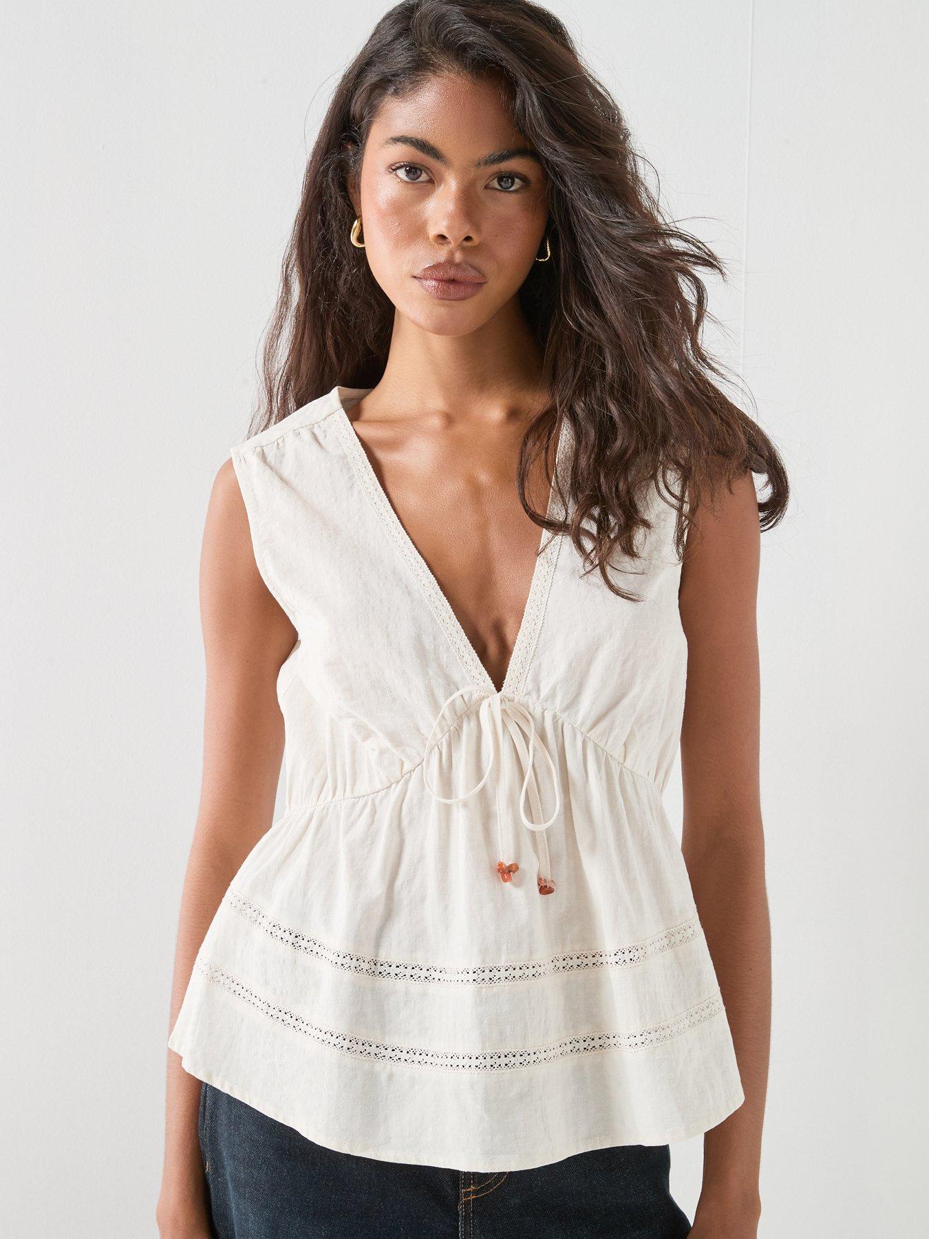 Image 5 of 6 of Only Onlnelsa S/L V String Top Wvn - White