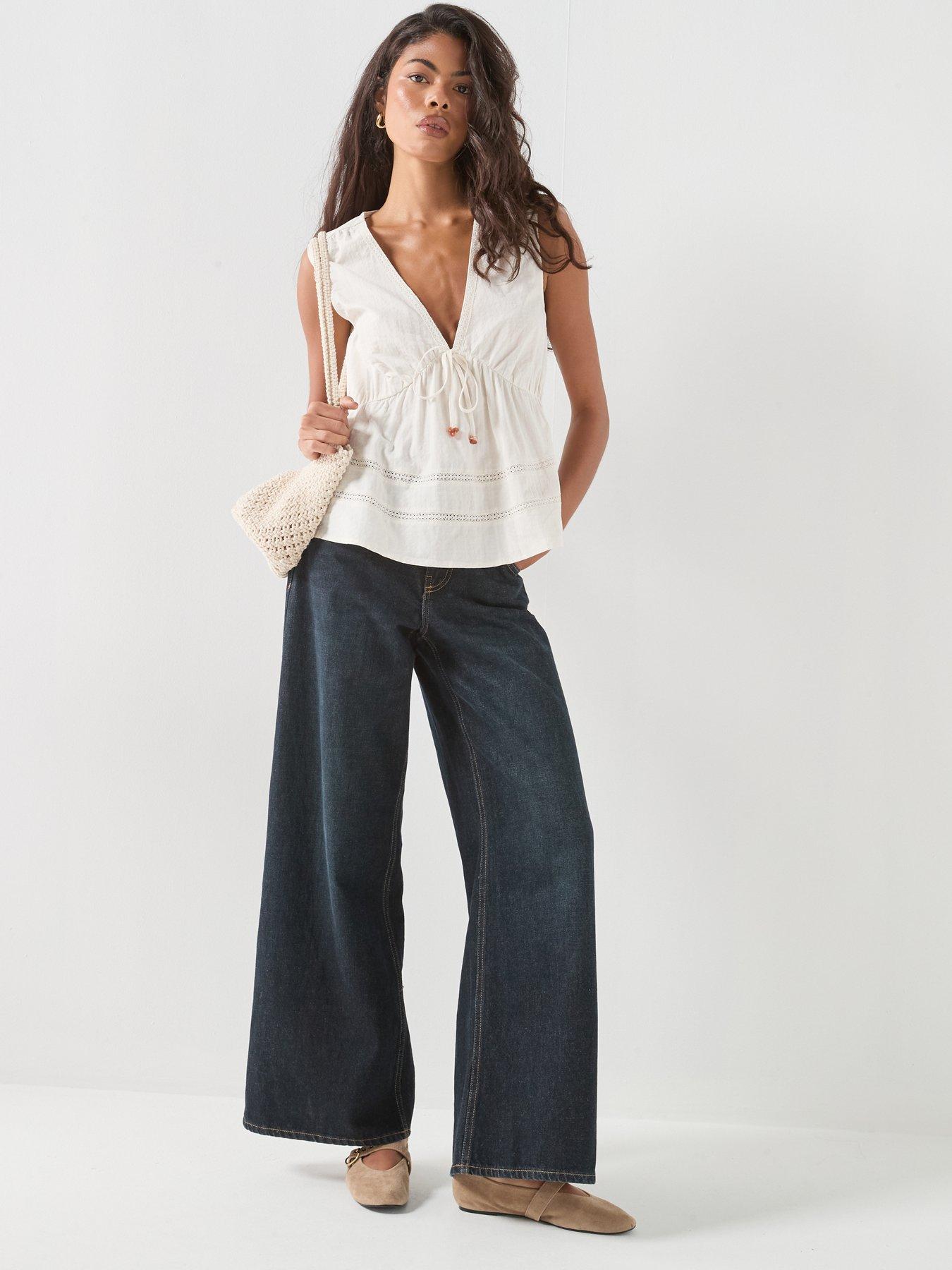 Image 6 of 6 of Only Onlnelsa S/L V String Top Wvn - White