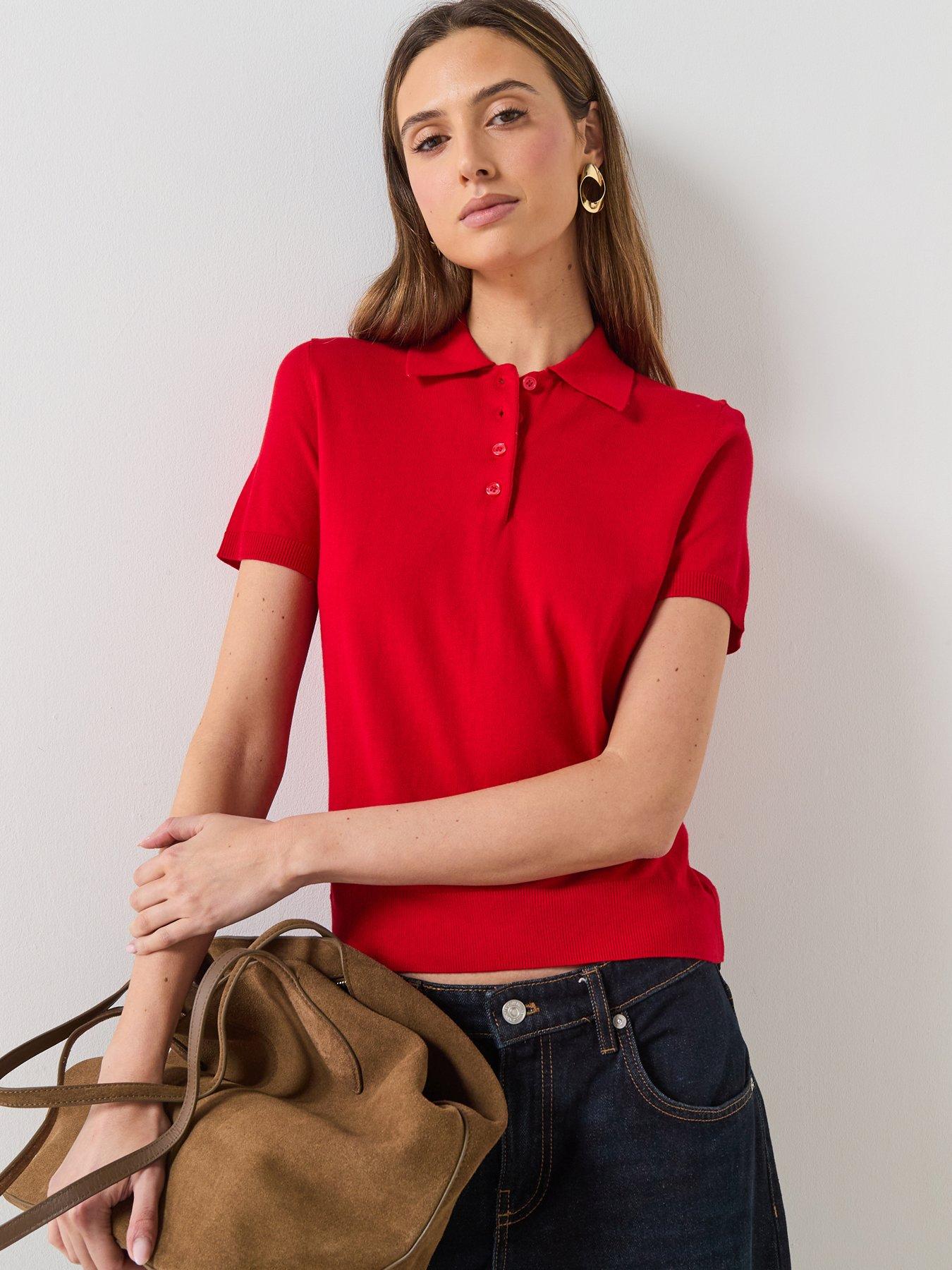Image 1 of 6 of Mango Polo Neck Short Sleeved Sweater - Red
