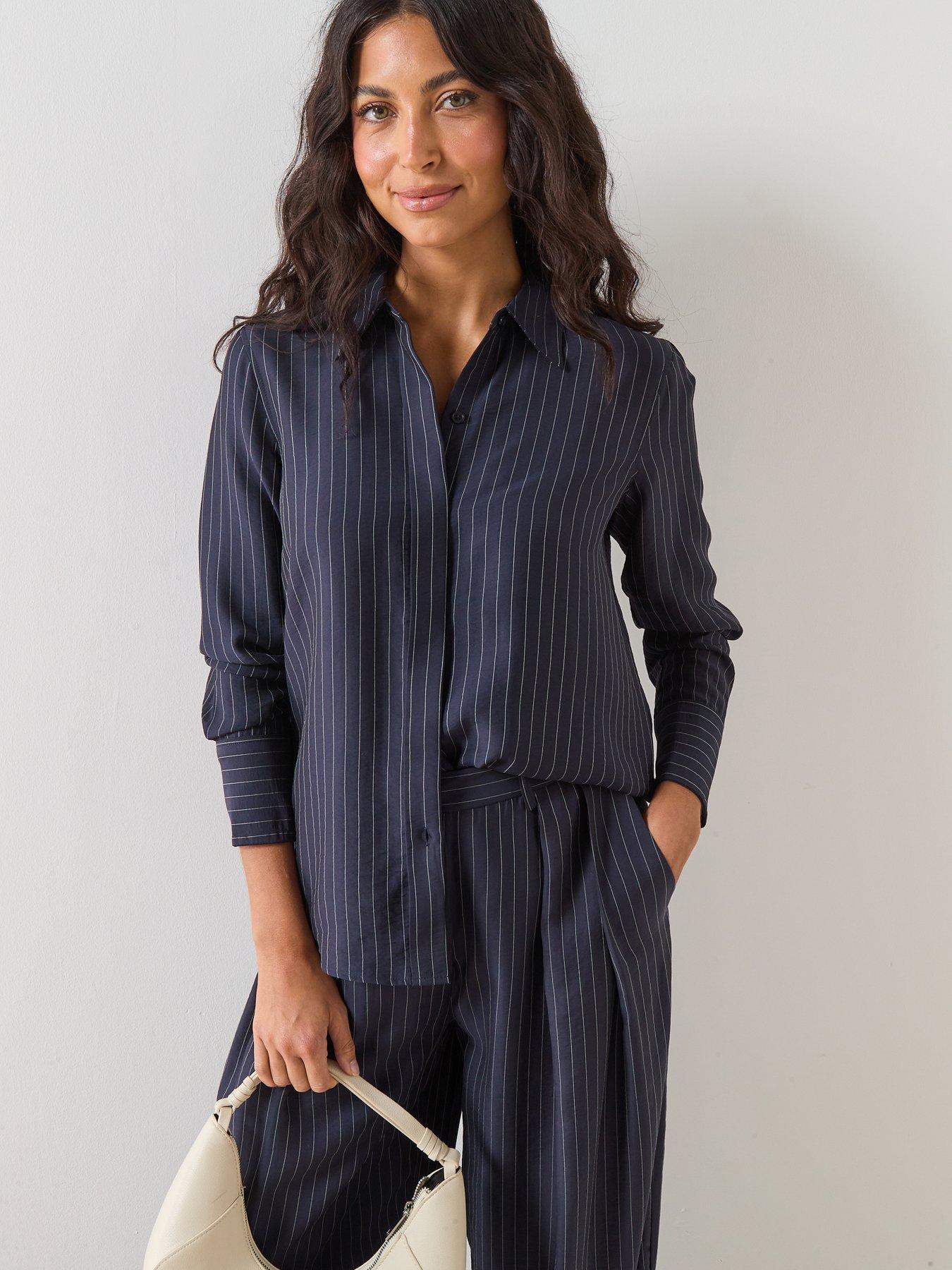 Image 1 of 6 of Mango Pinstripe Shirt - Blue