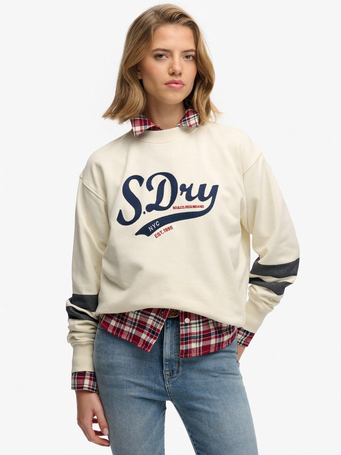 Image 1 of 5 of Superdry Varsity Script Loose Crew Sweatshirt - Cream