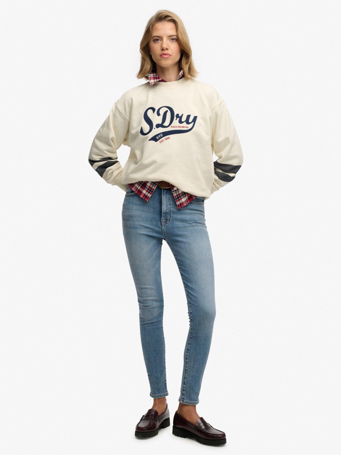 Image 3 of 5 of Superdry Varsity Script Loose Crew Sweatshirt - Cream