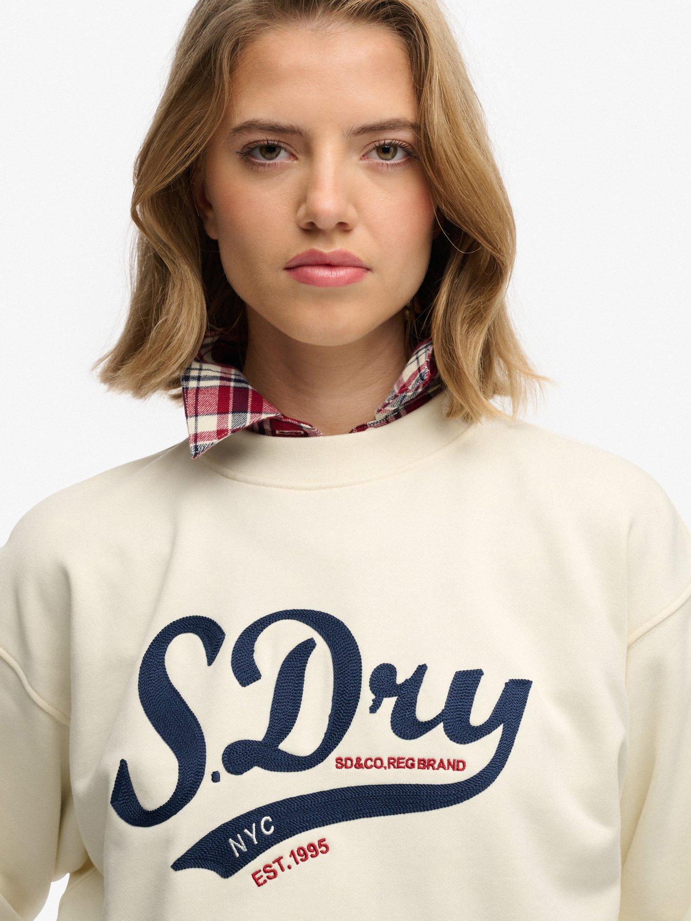 Image 4 of 5 of Superdry Varsity Script Loose Crew Sweatshirt - Cream