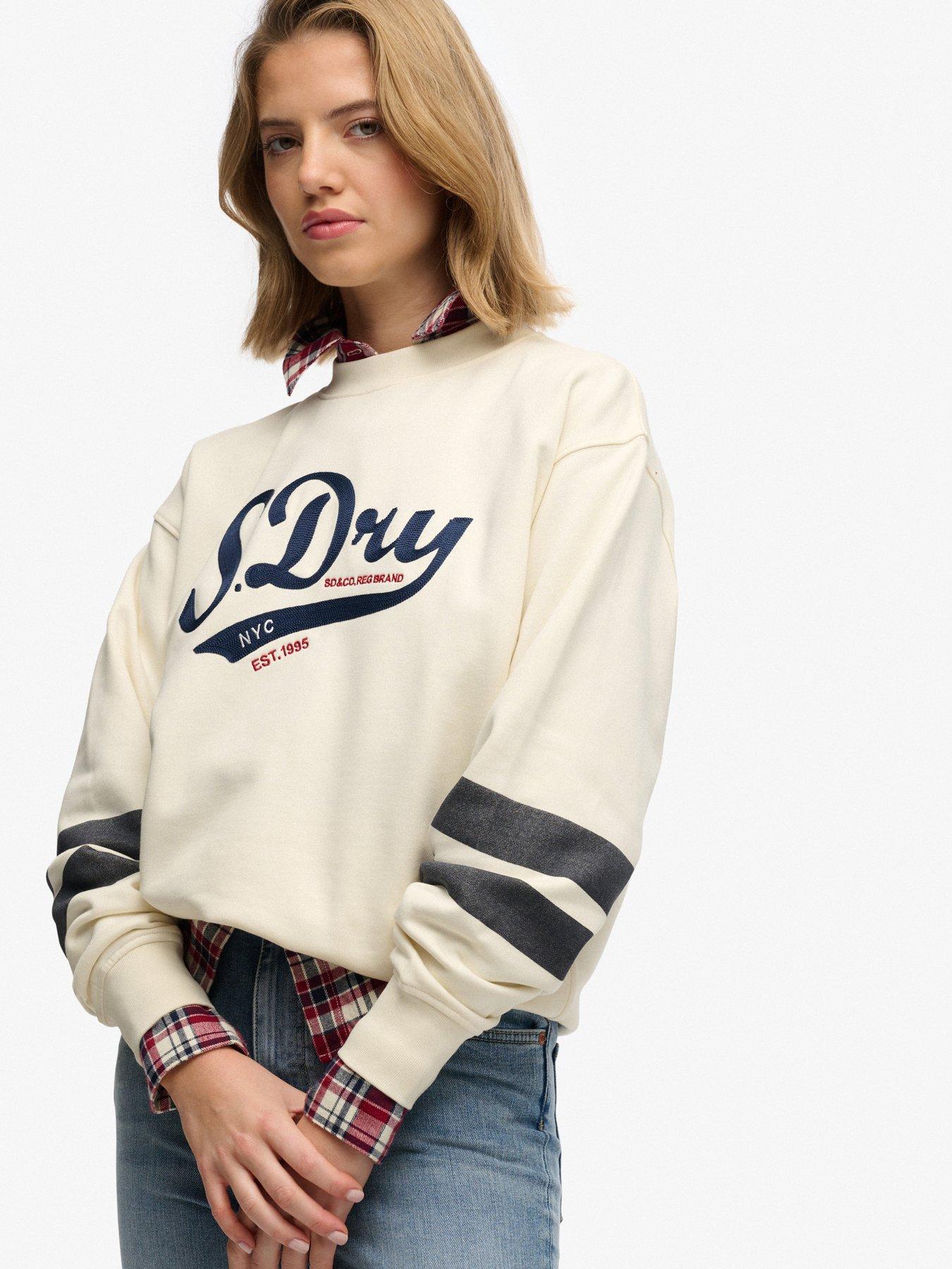 Image 5 of 5 of Superdry Varsity Script Loose Crew Sweatshirt - Cream